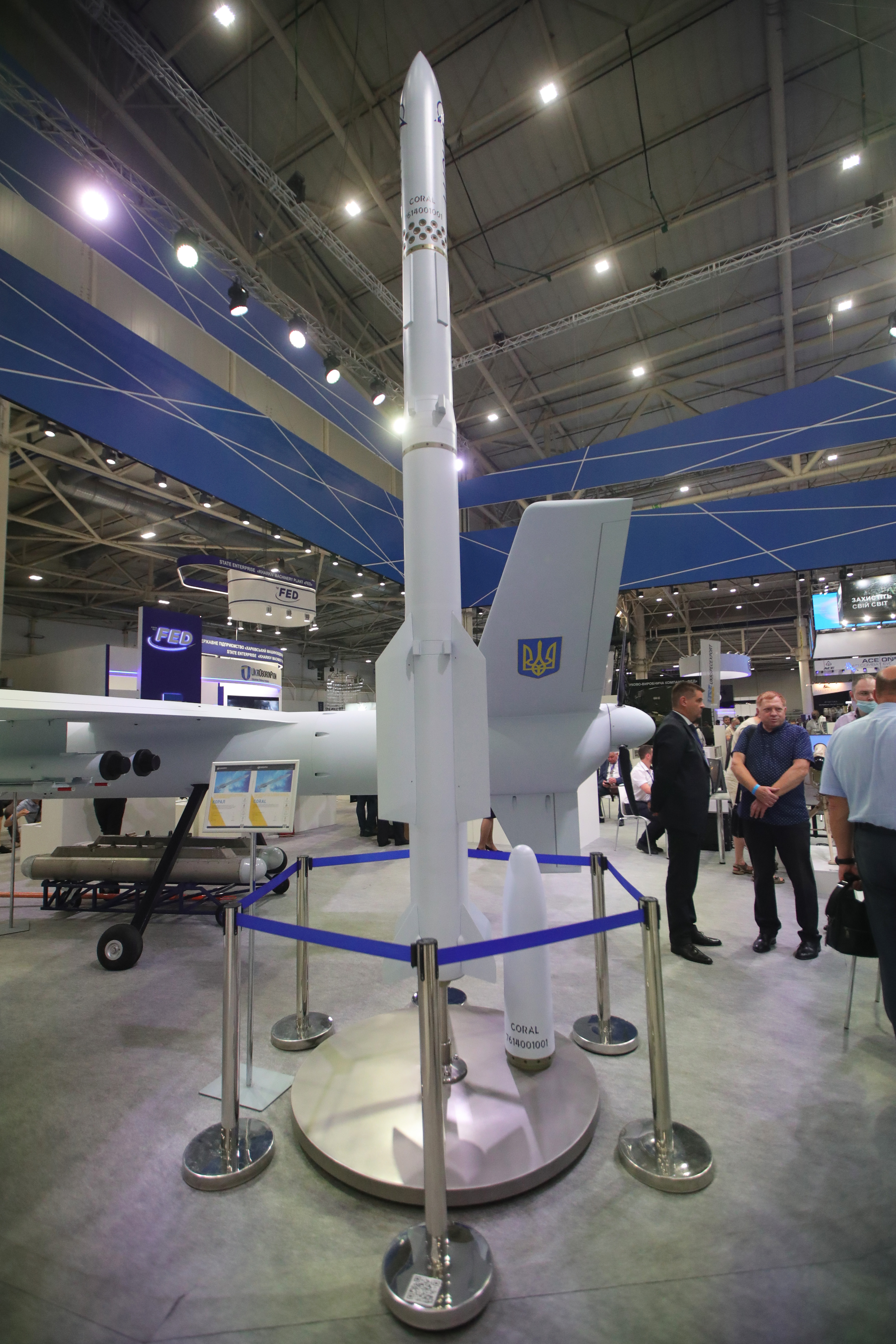 KYIV, UKRAINE - JUNE 15, 2021 - Coral Extended Range Surface to Air Missile for ship and ground is presented during the Weapons and Security-2021 XVII International Specialized Exhibition at the International Exhibition Centre, Kyiv, capital of Ukraine (Photo credit should read Pavlo Bahmut/ Ukrinform/Future Publishing via Getty Images)