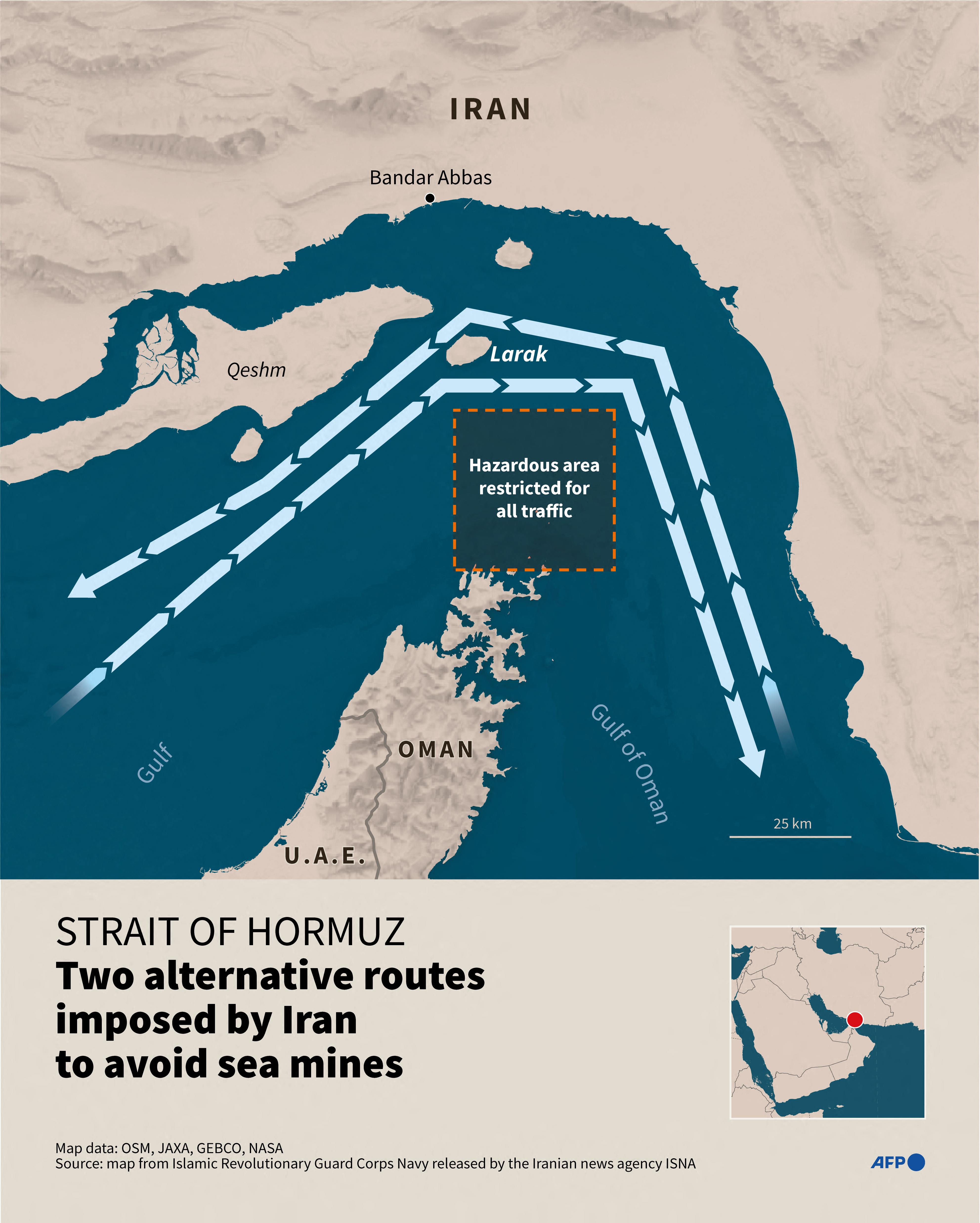 Infographic with a map showing the two alternative maritime routes imposed on ships by Iran, which has warned of sea mines on the usual route through the Strait of Hormuz (Graphic by Valentina BRESCHI and Sylvie HUSSON / AFP via Getty Images)