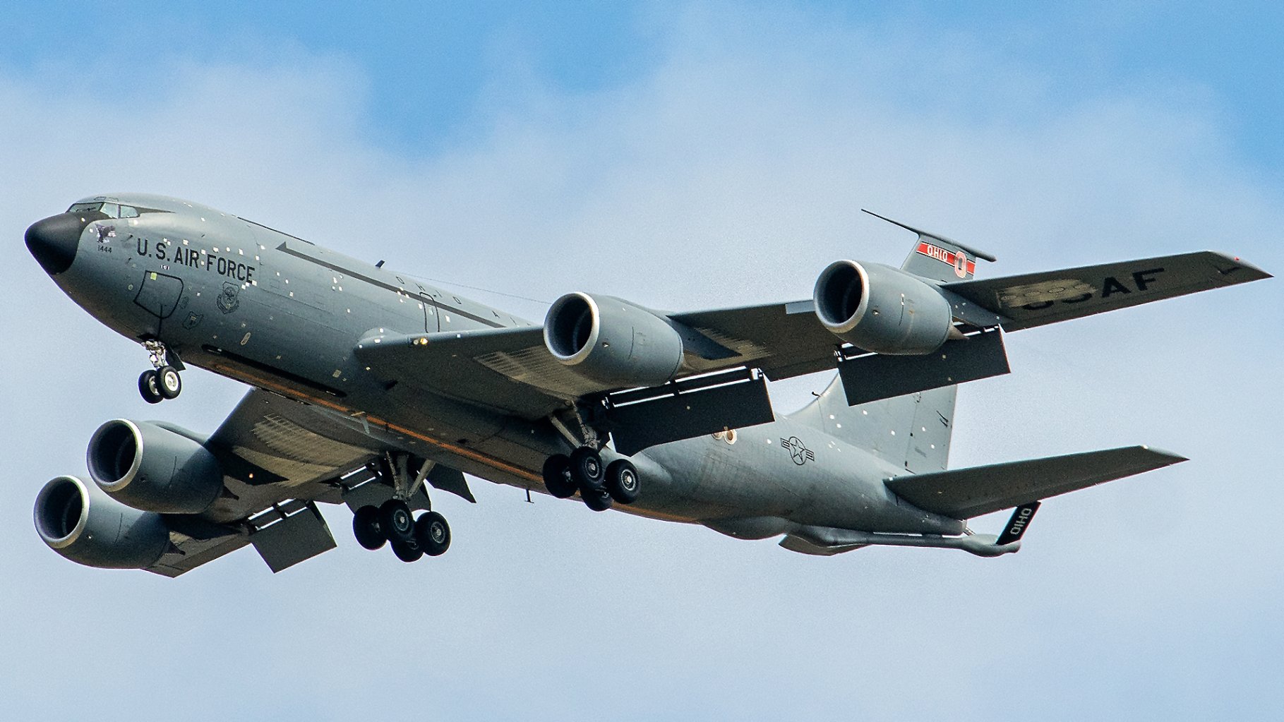 KC-135 seen with battle damage repairs landing at RAF Midlenhall.