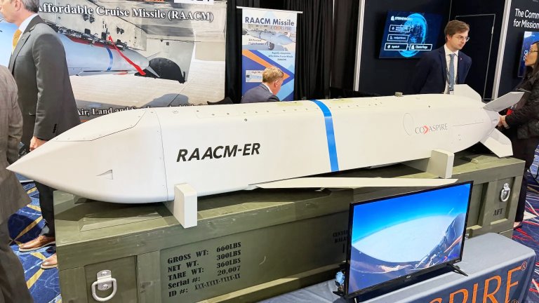 A new, longer-range version of the Rapidly Adaptable Affordable Cruise Missile (RAACM) has been unveiled by CoAspire at the Sea-Air-Space 2026 exposition near Washington, D.C. The development comes just days after the U.S. Air Force launched market research for its Family of Affordable Mass Missiles — Beyond Adversary’s Reach (FAMM-BAR), reflecting the service’s interest in low-cost, long-range strike weapons.