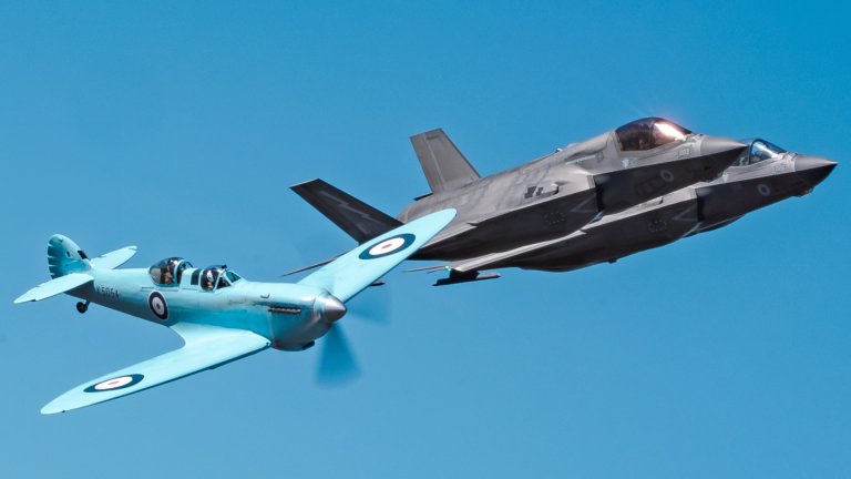 Image of Spitfire “K5054”, seen here alongside two F35 Lightning II Jets from RAF Marham as they transit to RAF Coningsby in the UK. The first flight of the eagerly anticipated commemorative Spitfire90 tour has successfully landed at RAF Coningsby. The nine flights have been organised to celebrate 90 years since the Supermarine Spitfire’s maiden flight. Departing from Southampton International Airport earlier today, the very site where Captain Joseph ‘Mutt’ Summers piloted the original Spitfire prototype K5054 on 5th March 1936, the specially painted two-seat Spitfire, replicating the original K5054, was escorted by the Dakota and Spitfire AB910 belonging to the Royal Air Force’s Battle of Britain Memorial Flight (BBMF) as it made its way to RAF Coningsby, the home of the BBMF. During the flight, "K5054" was also joined in the vicinity of RAF Marham by two F35 Lightning II aircraft.