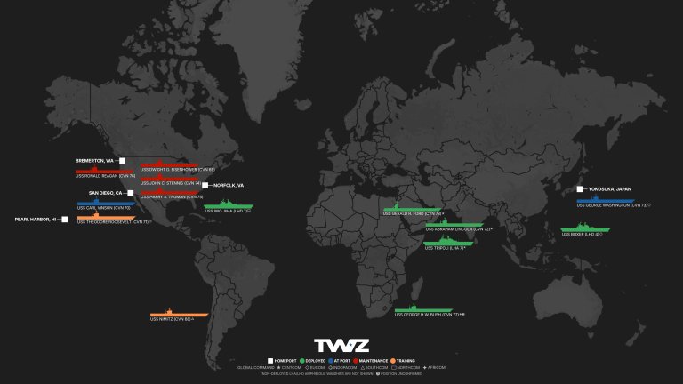 TWZ’s weekly carrier tracker monitoring America’s flattop fleet, including deployed Carrier Strike Groups (CSG) and Amphibious Ready Groups (ARG), using publicly available open-source information.