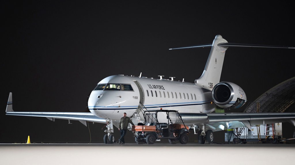 A U.S. Air Force E-11A Battlefield Airborne Communications Node aircraft assigned to the 430th Expeditionary Electronic Combat Squadron sits parked after participating in an Intelligence, Surveillance and Reconnaissance (ISR) integration exercise at Al Dhafra Air Base, United Arab Emirates, March 24, 2021. Globally integrated ISR capabilities ensure U.S. and partner forces carry out mission requirements with great situational awareness of the battlespace.