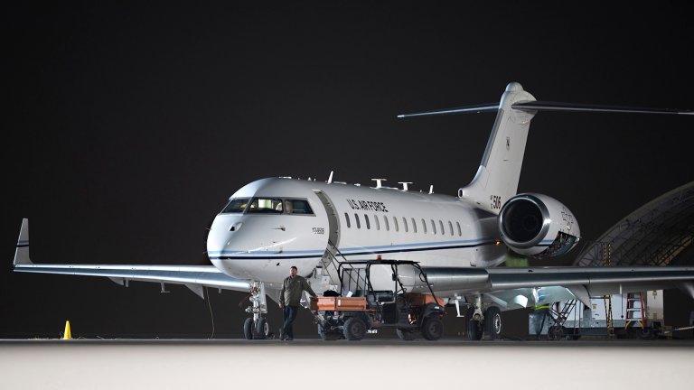 A U.S. Air Force E-11A Battlefield Airborne Communications Node aircraft assigned to the 430th Expeditionary Electronic Combat Squadron sits parked after participating in an Intelligence, Surveillance and Reconnaissance (ISR) integration exercise at Al Dhafra Air Base, United Arab Emirates, March 24, 2021. Globally integrated ISR capabilities ensure U.S. and partner forces carry out mission requirements with great situational awareness of the battlespace.