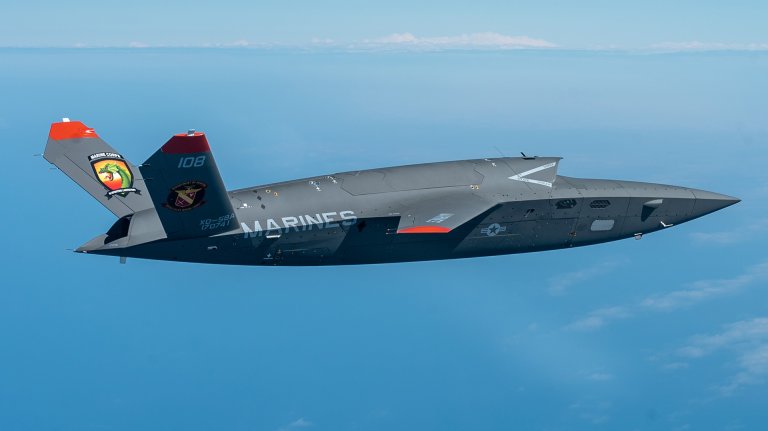 A U.S. Marine Corps XQ-58A Valkyrie, highly autonomous, low-cost tactical unmanned air vehicle, soars overhead during its second test flight at Eglin Air Force Base, Fla., Feb. 23, 2023. The XQ-58A Valkyrie test flight and the data collected inform future requirements for the Marine Corps in a rapidly evolving security environment, while successfully fueling joint innovation and experimentation opportunities. (U.S. Air Force photo by Master Sgt. John McRell)