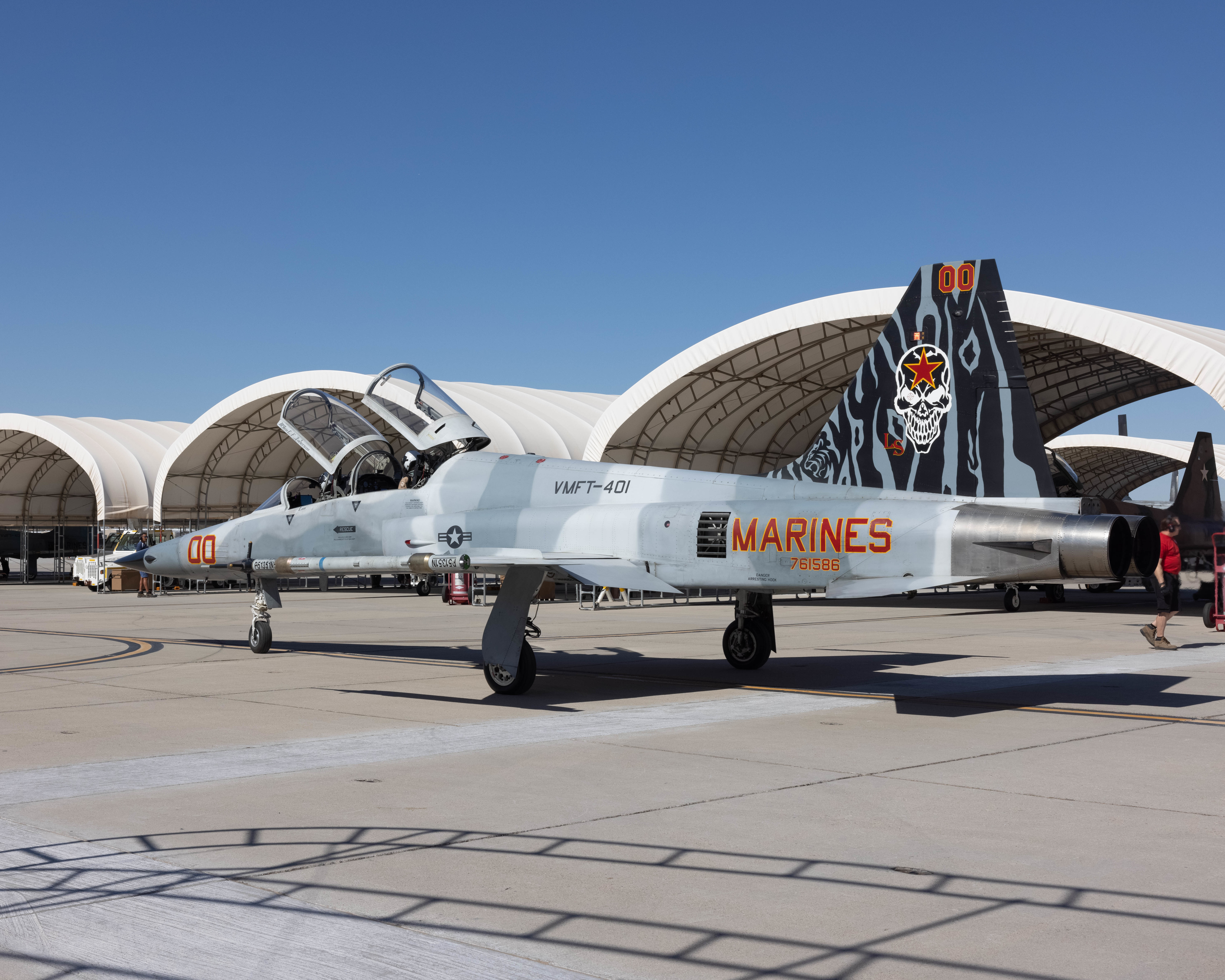 U.S. Marine Corps Lt. Col. Eric Scherrer, commanding officer, Marine Fighter Training Squadron 401 (VMFT-401), Marine Aircraft Group 41, 4th Marine Aircraft Wing, pilots an F-5N Tiger II at Marine Corps Air Station Yuma, Arizona, Oct. 28, 2022. VMFT-401 is the only adversary squadron with the mission to act as the opposing force in simulated air combat. (U.S. Marine Corps photo by Lance Cpl. Jade Venegas)