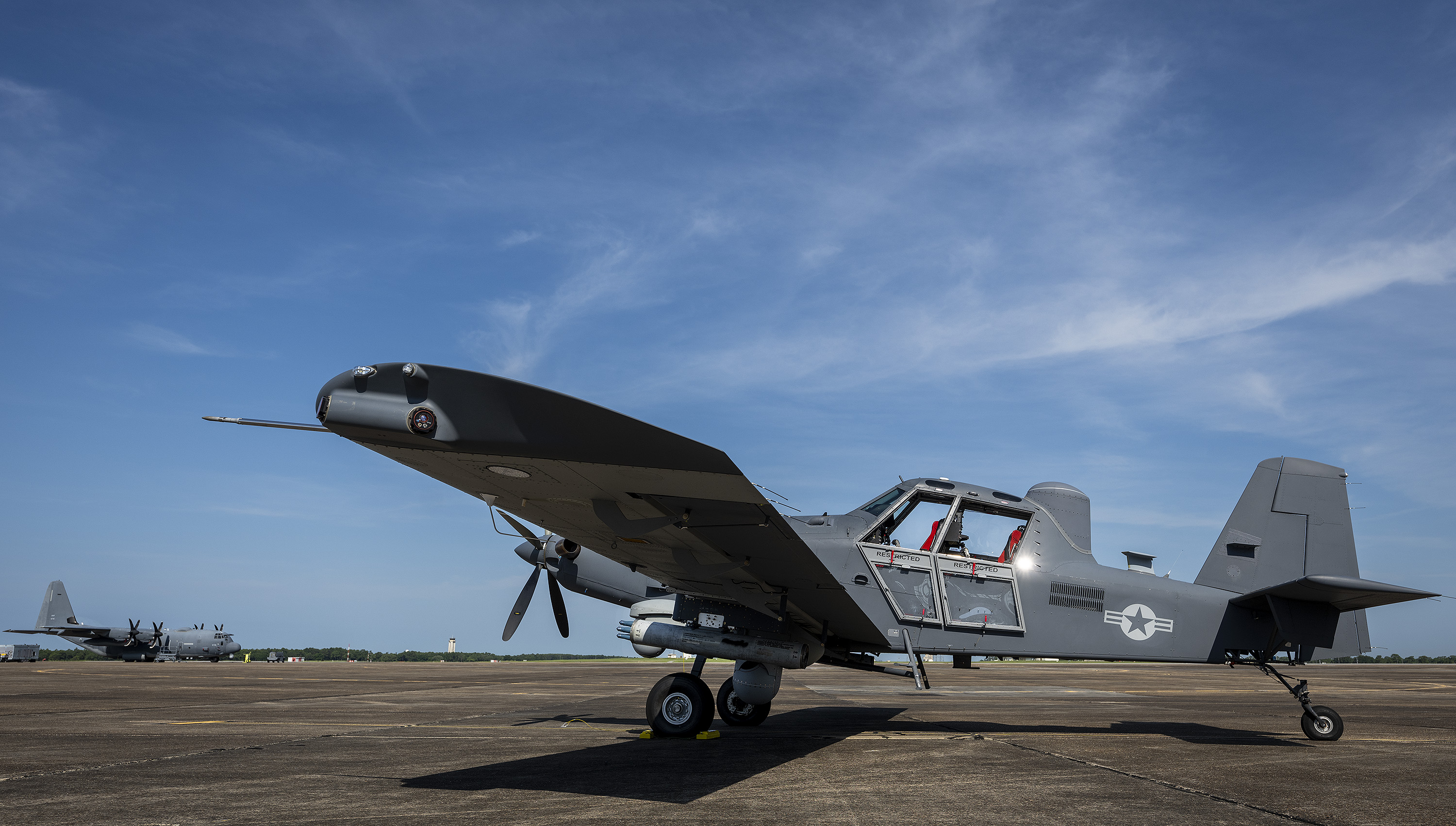 An OA-1K Skyraider II sits ready for a mission June 25, 2025, at Eglin Air Force Base, Florida. The new Air Force Special Operations Command aircraft continues developmental testing with 96th Test Wing and U.S. Special Operations Command at Eglin. (U.S. Air Force photo by Samuel King Jr.)