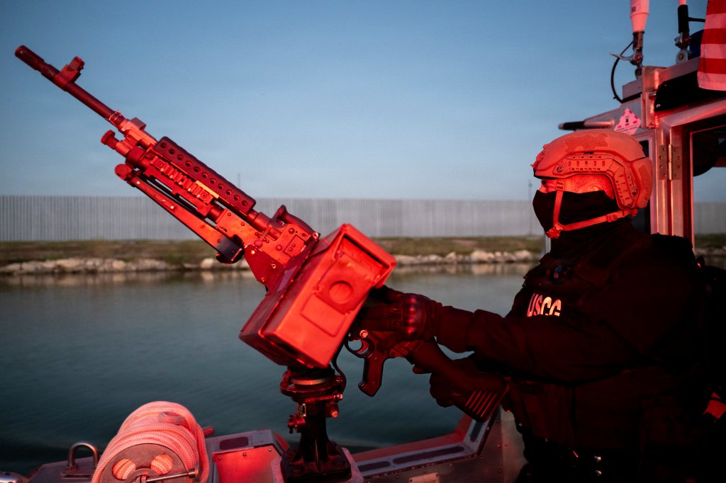 Coast Guard members from Maritime Safety and Security Team Alameda patrol the Rio Grande near McAllen, Texas, Oct. 28, 2025, aboard a 29-foot Response Boat–Small (RB-S). The patrol supports maritime security and law enforcement operations along the river. (U.S. Coast Guard photo by Petty Officer 3rd Class Perry Shirzad)