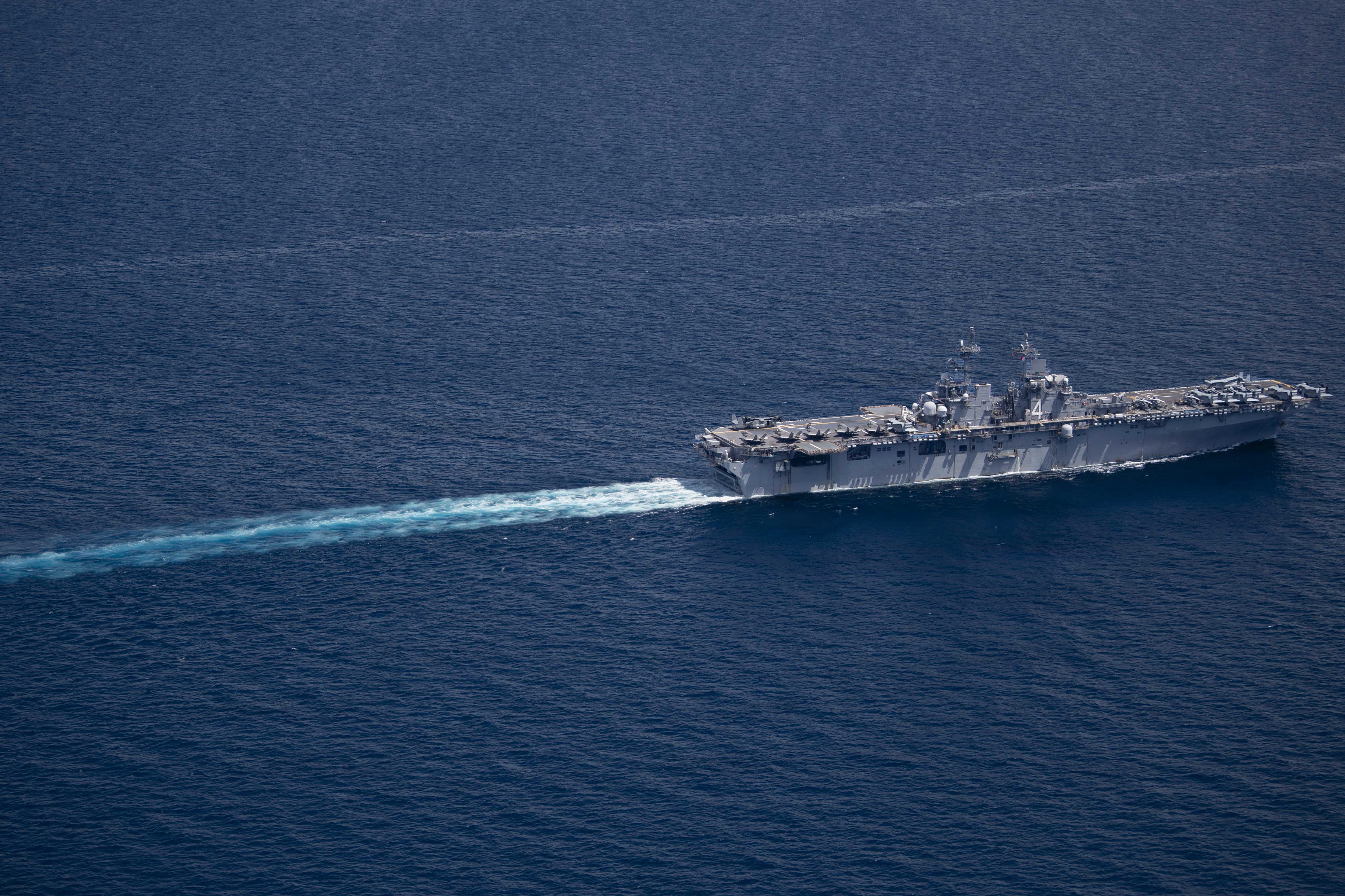 Wasp-class amphibious assault ship USS Boxer (LHD 4) transits the Sulu Sea, April 26, 2026. Boxer, flagship of the Boxer Amphibious Ready Group, is underway with the 11th Marine Expeditionary Unit in the U.S. 7th Fleet area of operations. U.S. 7th Fleet, the Navy’s largest forward-deployed numbered fleet, routinely interacts and operates with allies and partners to preserve a free and open Indo-Pacific. (U.S. Navy photo by Mass Communication Specialist Seaman Apprentice Sailor O’Rear)