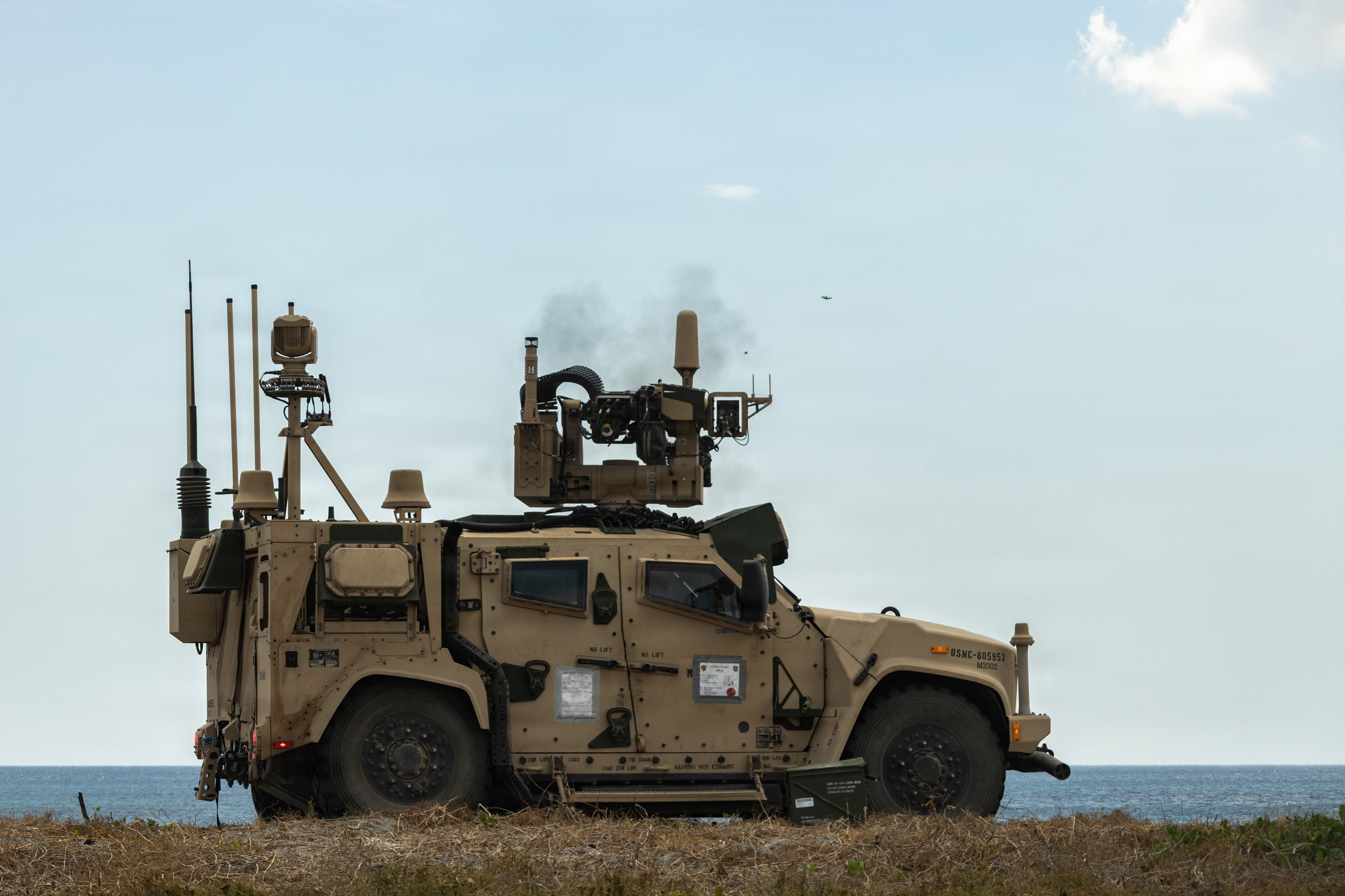 A U.S. Marine Air Defense Integrated System with 3rd Littoral Anti-Air Battalion, 3rd Marine Littoral Regiment, 3rd Marine Division, fires an XM950 training practice round at a moving target during an integrated air and missile defense event as part of Exercise Balikatan 2026 at Naval Station Leovigildo Gantioqu, Philippines, April 28, 2026. Balikatan is a longstanding annual exercise between the Armed Forces of the Philippines and U.S. military that represents the strength of our alliance, improves our capable combined force, and demonstrates our commitment to regional peace and prosperity. (U.S. Marine Corps photo by Sgt. Atticus Martinez)