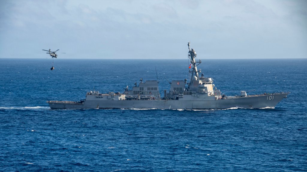 An MH-60S Sea Hawk, attached to the “Indians” of Helicopter Sea Combat Squadron 6, delivers stores from the Arleigh Burke-class guided-missile destroyer USS Gridley (DDG 101) during a vertical replenishment-at-sea with the Nimitz-class aircraft carrier USS Nimitz (CVN 68) in the Atlantic Ocean, May 6, 2026. Nimitz is deployed as part of Southern Seas 2026 which seeks to enhance capability, improve interoperability, and strengthen maritime partnerships with countries throughout the region through joint, multinational and interagency exchanges and cooperation. (U.S. Navy photo by Mass Communication Specialist 2nd Class Jaron Wills)