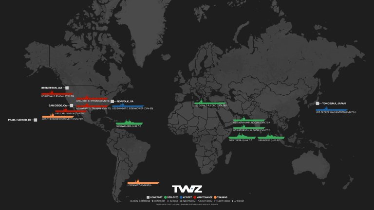 TWZ’s weekly carrier tracker monitoring America’s flattop fleet, including deployed Carrier Strike Groups (CSG) and Amphibious Ready Groups (ARG), using publicly available open-source information