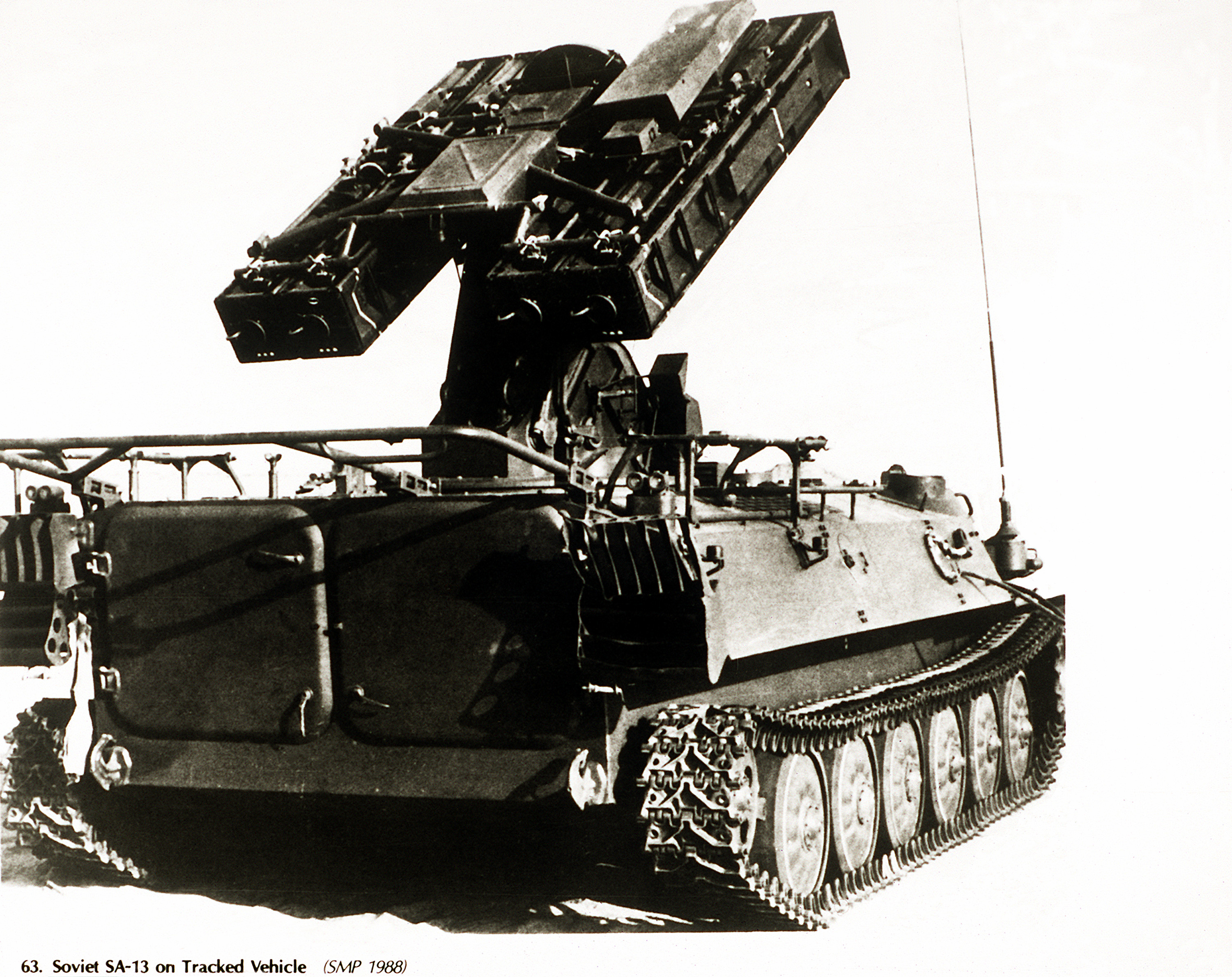 A Soviet SA-13 missile launcher mounted on a tracked vehicle.