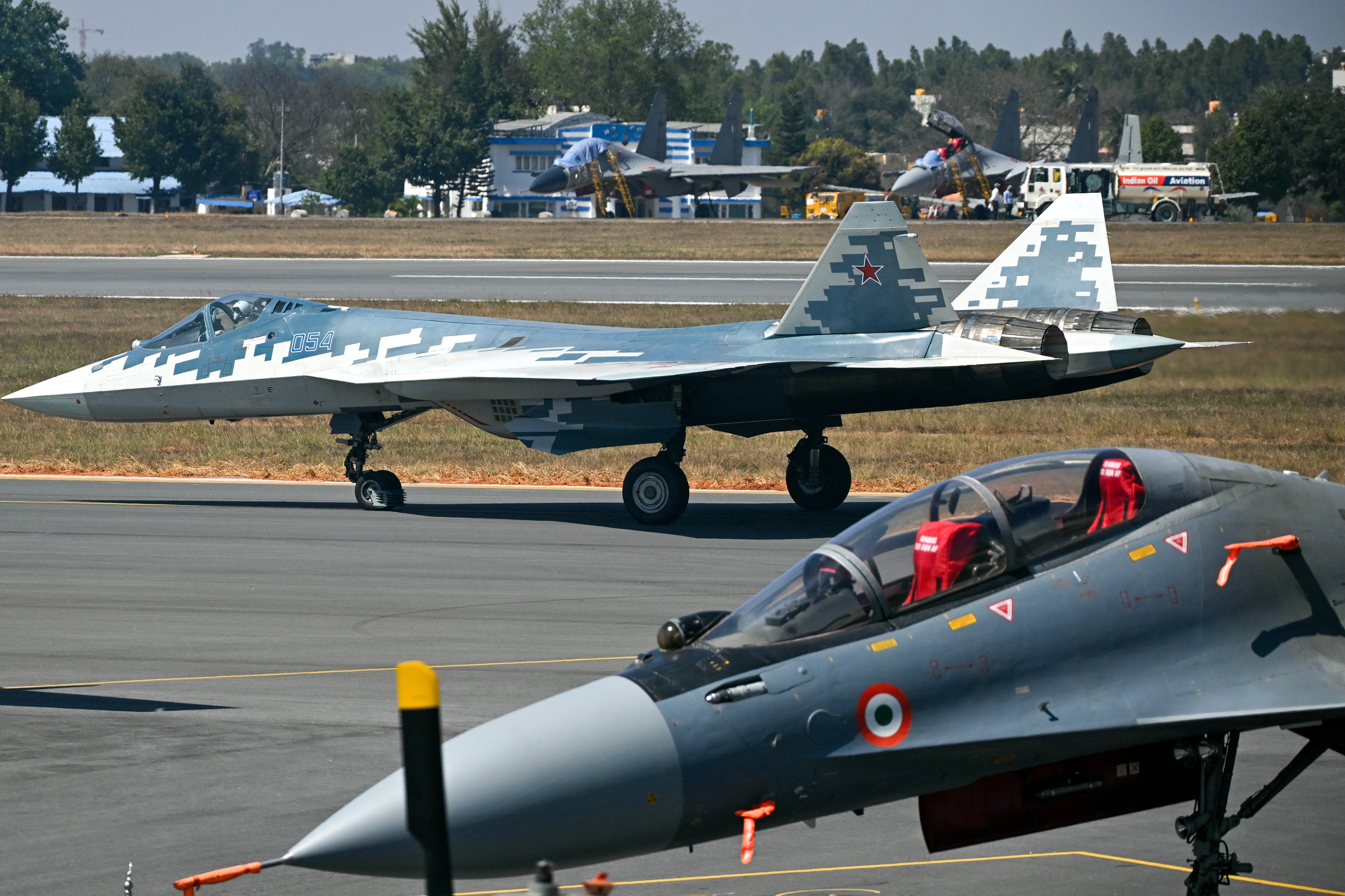 A Russian Sukhoi Su-57 fifth-generation fighter aircraft prepares to take off from the tarmac during Aero India 2025, a military aviation exhibition at the Yelahanka Air Force Station in Bengaluru on February 11, 2025. Air traffic is booming in India, even though only a tiny fraction of its people fly each year, and manufacturers are seeking lucrative deals at the flagship Aero India exhibition from February 10. (Photo by Arun SANKAR / AFP) (Photo by ARUN SANKAR/AFP via Getty Images)