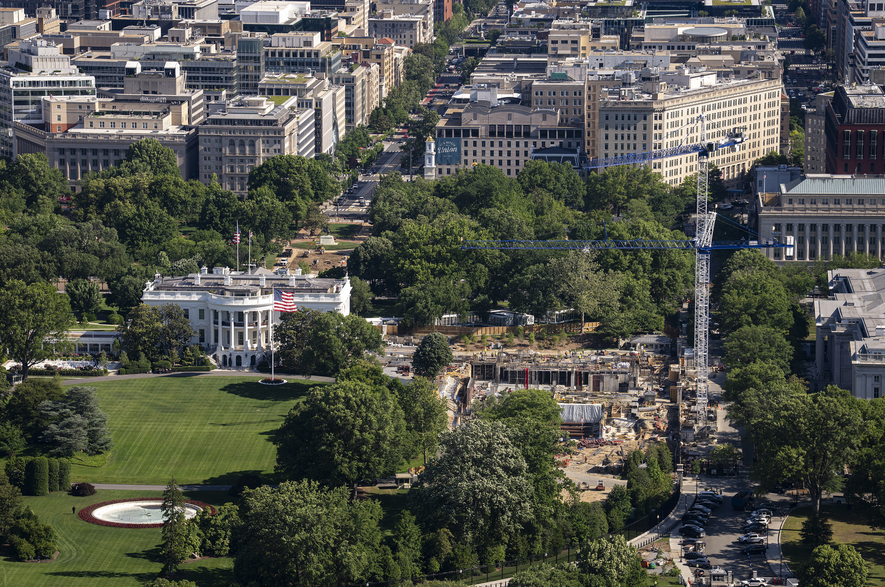 WASHINGTON, DC - MAY 13: Construction on the proposed White House ballroom, at the site of the former East Wing, on Wednesday, May 13, 2026 in Washington, DC. President Donald Trump has spent the fist half of his return to power leaving his mark on our nation's capital. He ordered the repainting of the Lincoln Memorial Reflecting Pool, demolished the White House East Wing to make way for his $250 million, 90,000-square-foot ballroom, and renamed the Kennedy Center to feature his name first, to name a few. (Photo by Al Drago for The Washington Post via Getty Images)