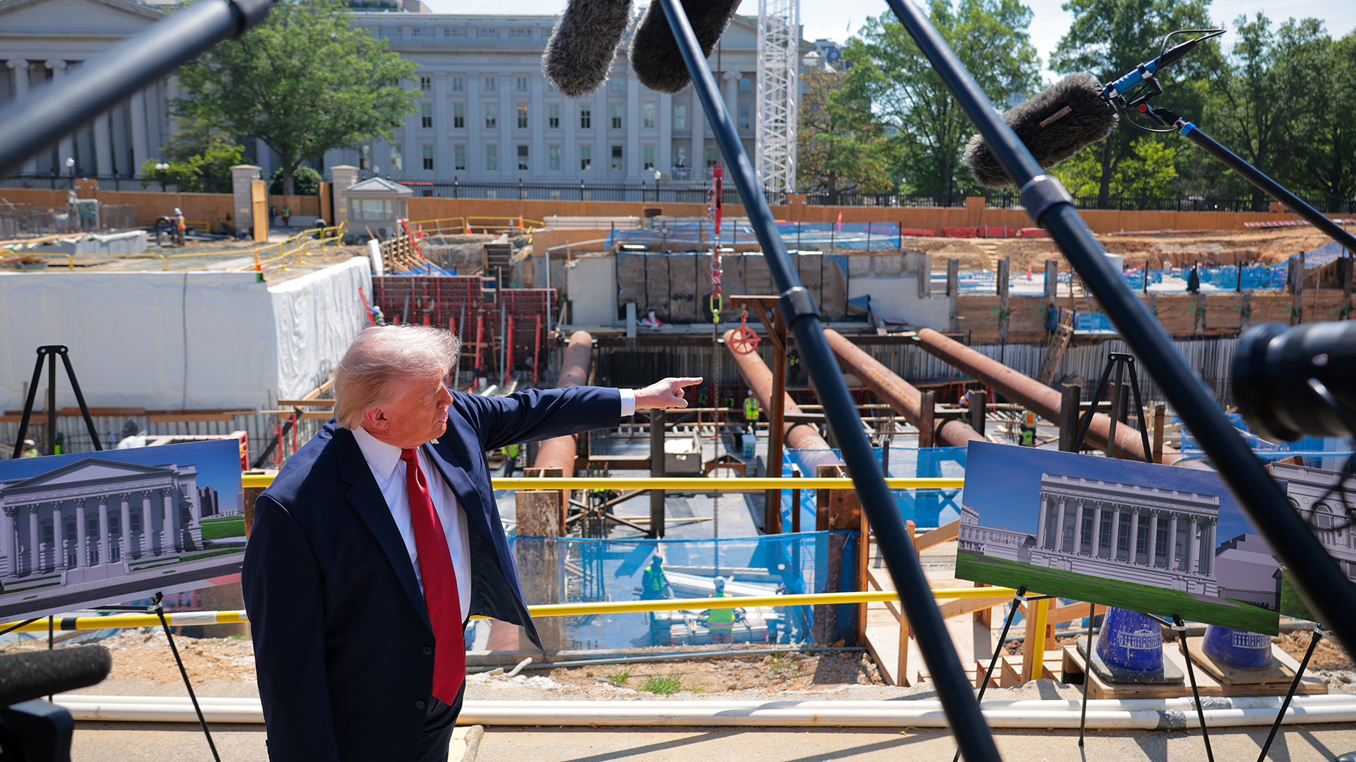 WASHINGTON, DC - MAY 19: U.S. President Donald Trump speaks to the media alongside posters of his proposed White House ballroom amid construction at the White House on May 19, 2026 in Washington, DC. The Senate parliamentarian ruled this week that taxpayer funds in the budget reconciliation package cannot be used for a $1 billion provision intended to fund security for Trump’s White House ballroom. (Photo by Chip Somodevilla/Getty Images)