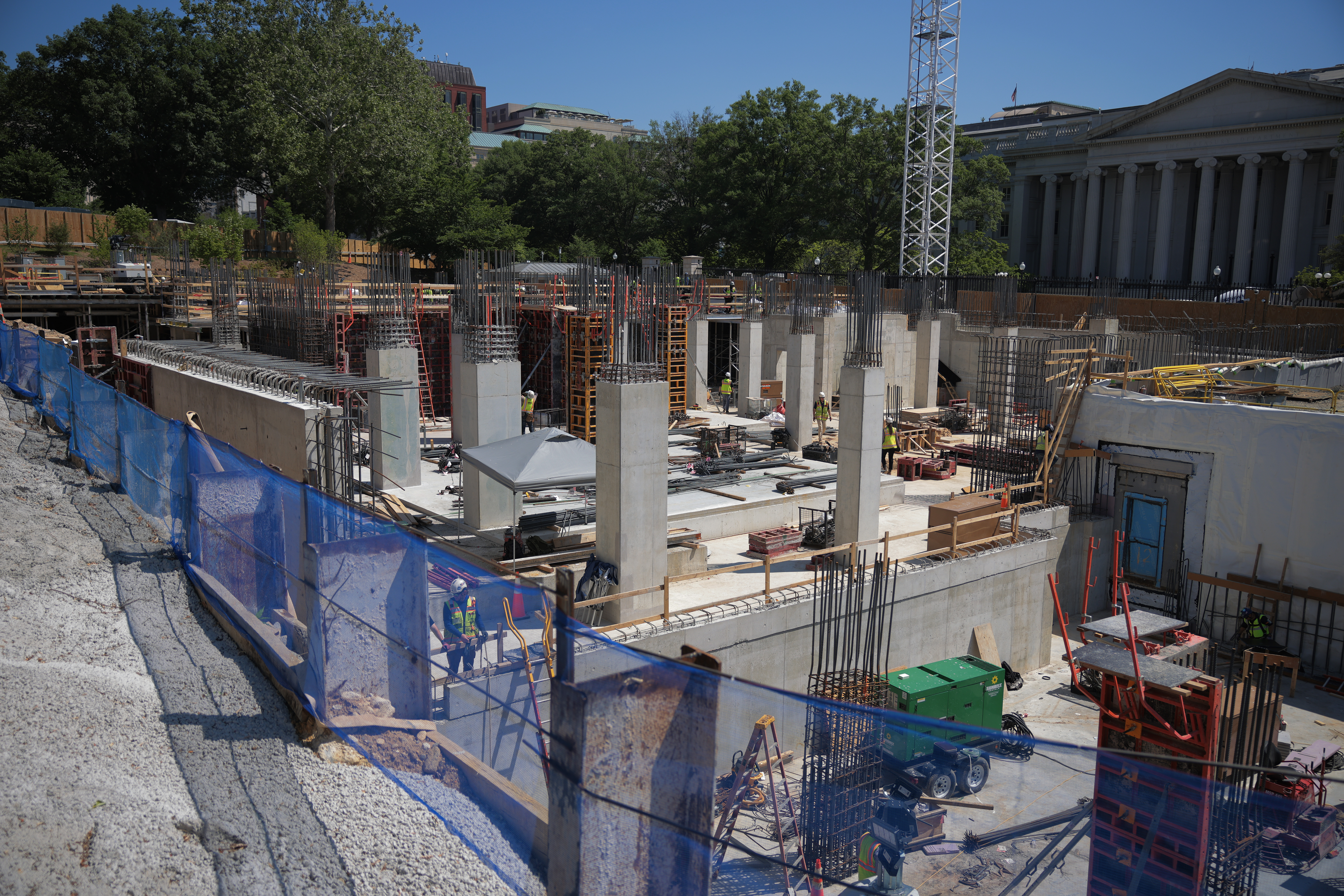 WASHINGTON, DC - MAY 19: Construction continues on the lower levels of the White House ballroom on May 19, 2026 in Washington, DC. The U.S. Senate parliamentarian ruled this week that taxpayer funds in the budget reconciliation package cannot be used for a $1 billion provision intended to fund security for U.S. President Donald Trump's White House ballroom. (Photo by Chip Somodevilla/Getty Images)