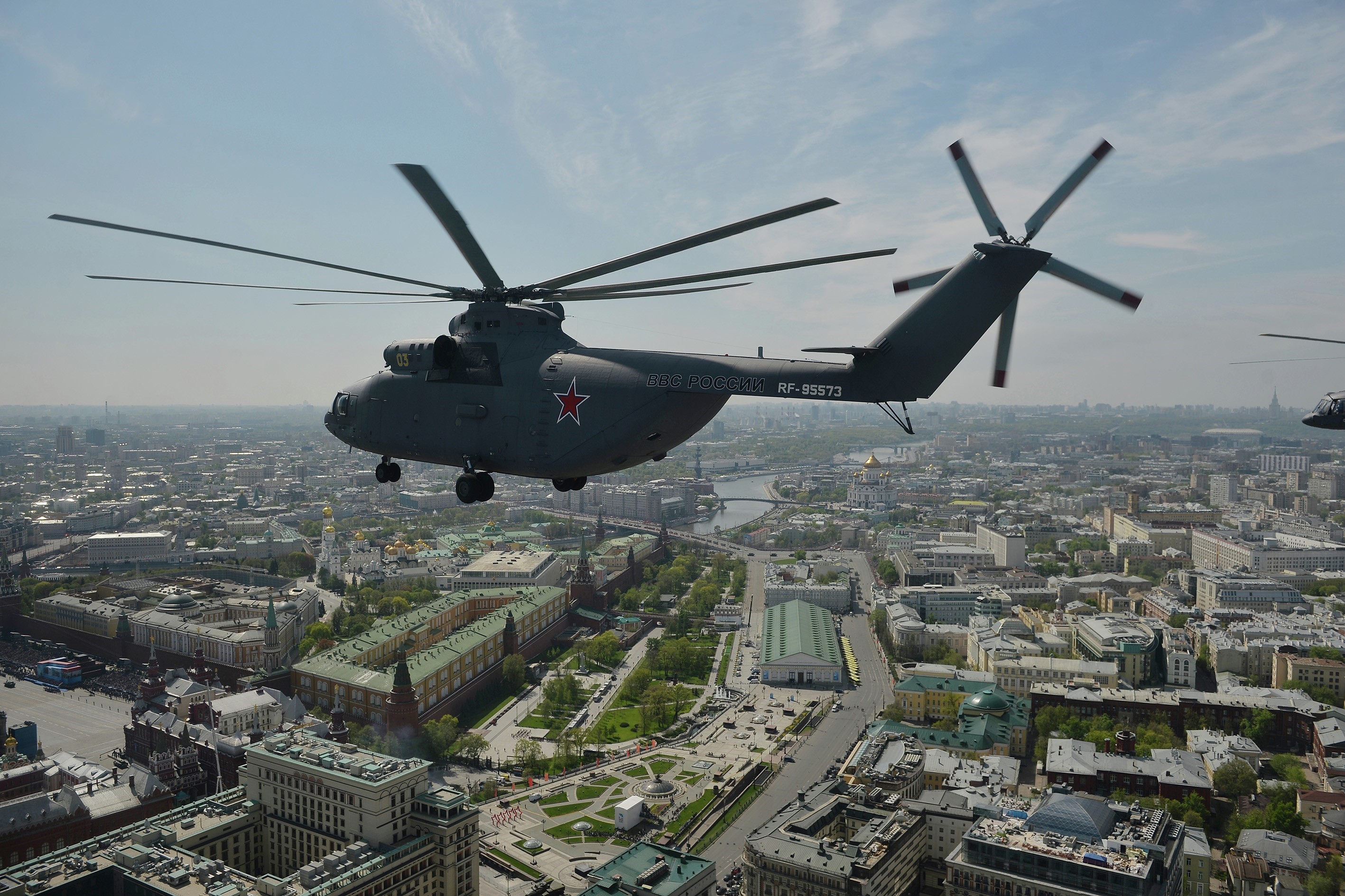 MOSCOW, RUSSIA - MAY 9: A Mil Mi-26 Halo and a Mil Mi-8 Hip helicopter at the military parade to mark the 70th anniversary of Victory in the 1941-1945 Great Patriotic War, in Moscow, Russia, on May 9, 2015. (Photo by Host photo agency / Rossiya Segodnya / Handout/Anadolu Agency/Getty Images)
