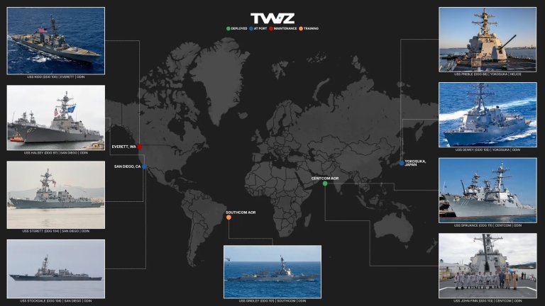 The destroyers and their locations that have laser weapons.