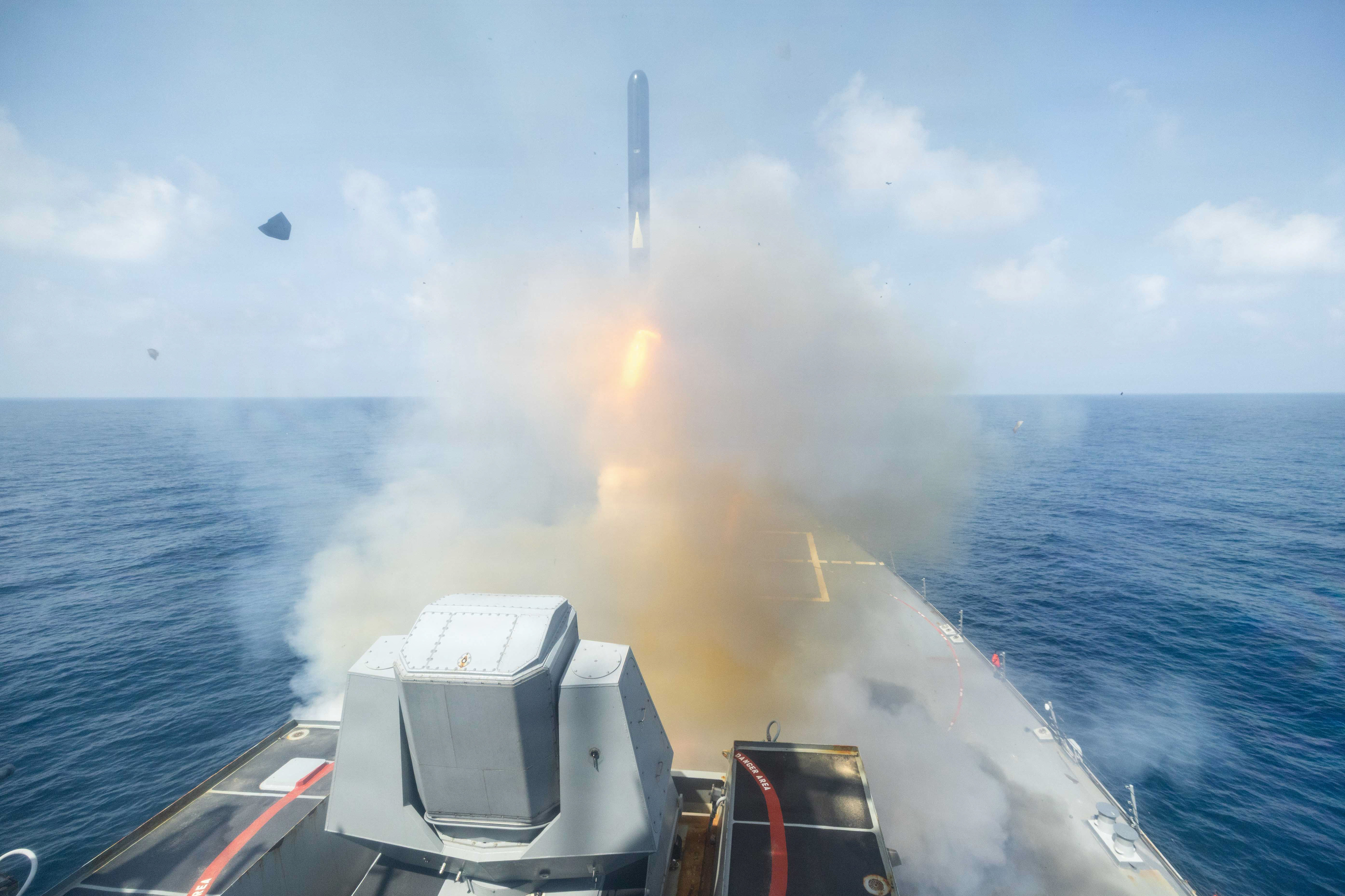 Arleigh Burke-class guided-missile destroyer USS Spruance (DDG 111) fires a Tomahawk Land Attack Missile (TLAM) in support of Operation Epic Fury, Feb. 28, 2026. (U.S. Navy photo)