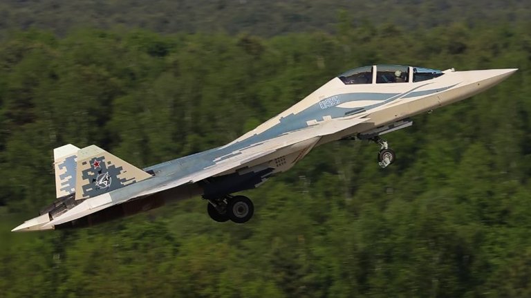 Su57 two seat model seen in first official images during its first flight.