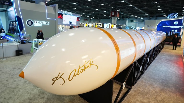 ISTANBUL, TURKIYE - MAY 05: The 'YILDIRIMHAN' intercontinental hypersonic ballistic missile, developed by the Turkish National Defense Ministry R&D Center, is showcased for the first time at the SAHA 2026 International Defence, Aerospace and Space Industry Exhibition in Istanbul, Turkiye, on May 05, 2026.