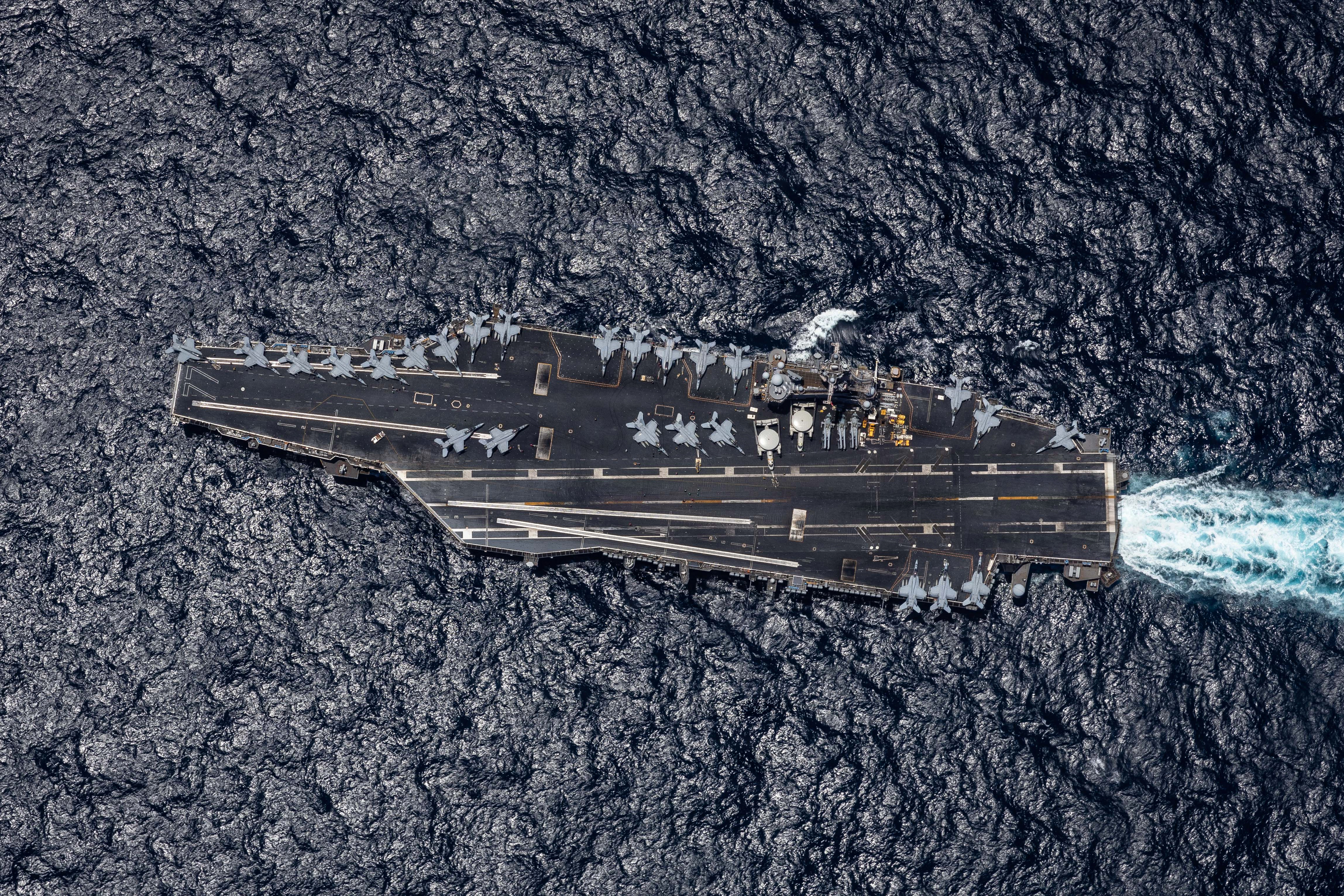 Nimitz-class aircraft carrier USS George H.W. Bush (CVN 77) sails in the Arabian Sea, May 3, 2026. George H.W. Bush is deployed to the U.S. 5th Fleet area of operations to support maritime security and stability in the Middle East. (U.S. Navy photo)