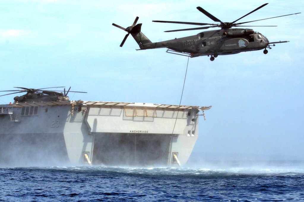 Helicopter Mine Countermeasures Squadron 14 deploys the Mk-105 sled from the USS Anchorage (LPD 23) well deck, part of air mine countermeasure operations during Rim of the Pacific (RIMPAC) exercise 2014. Twenty-two nations, 49 ships, six submarines, more than 200 aircraft and 25,000 personnel are participating in RIMPAC exercise from June 26 to Aug. 1 in and around the Hawaiian Islands and Southern California. The world's largest international maritime exercise, RIMPAC provides a unique training opportunity that helps participants foster and sustain the cooperative relationships that are critical to ensuring the safety of sea lanes and security on the world's oceans. RIMPAC 2014 is the 24th exercise in the series that began in 1971. (U.S. Navy Photo by Ensign Lindsay Lewis/Released)
