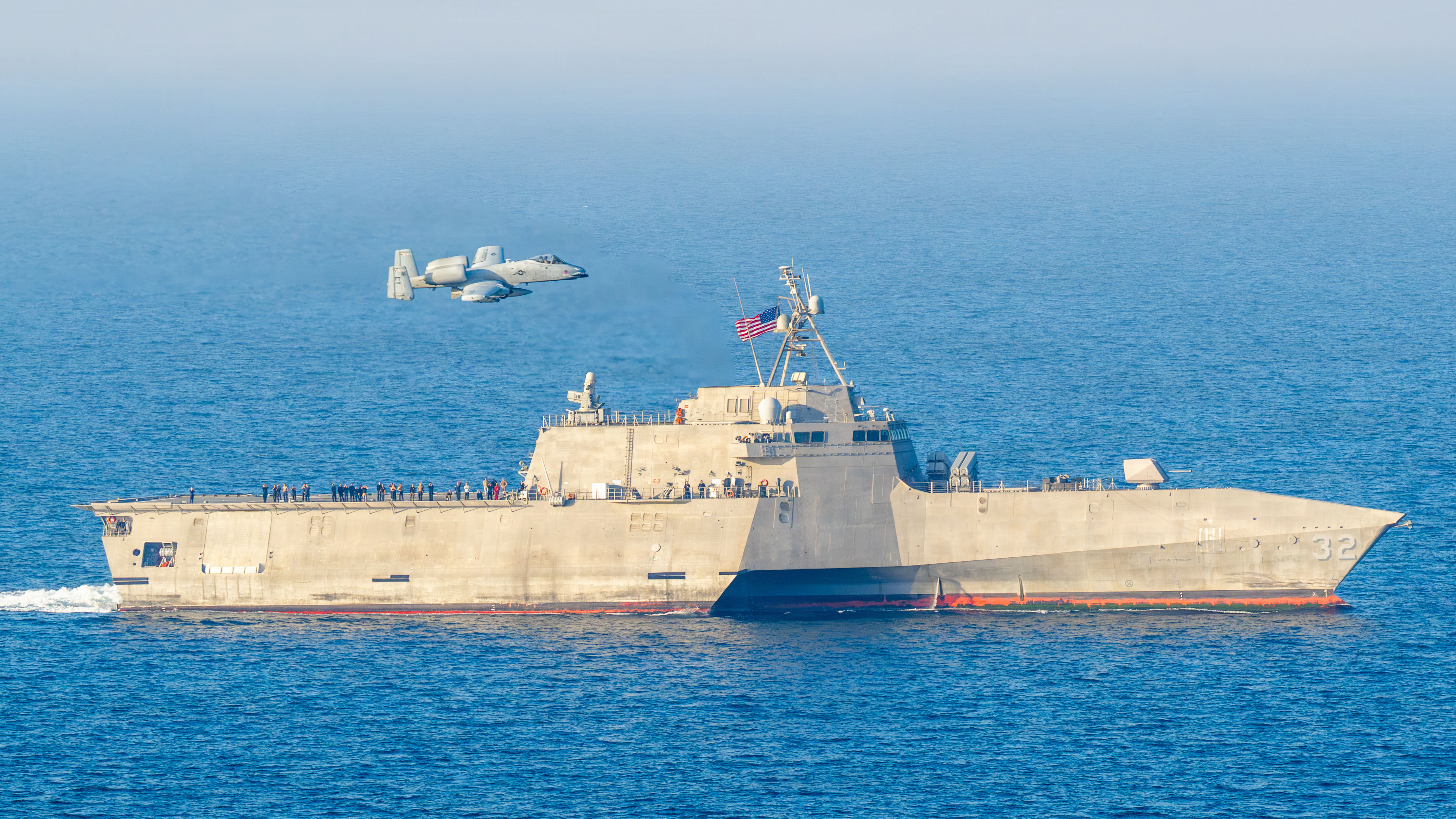A U.S. Air Force A-10 Thunderbolt II aircraft provides close air support to Independence-variant littoral combat ship USS Santa Barbara (LCS 32) during a training exercise in the Arabian Gulf, Feb. 2, 2026. Santa Barbara is deployed to the U.S. 5th Fleet area of operations to support maritime security and stability in the Middle East. (U.S. Navy photo by Mass Communication Specialist 2nd Class Iain Page)