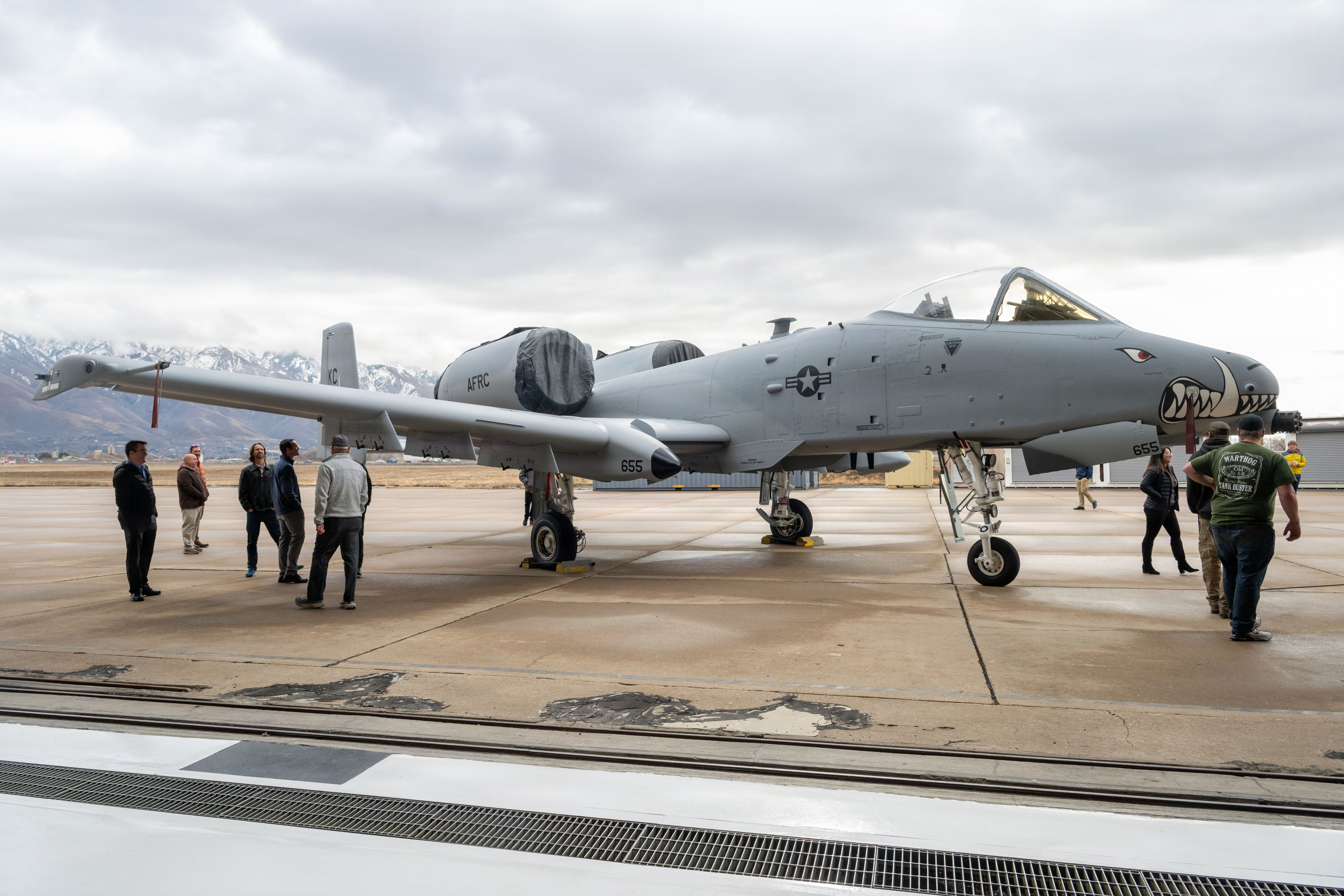 An A-10 Thunderbolt II with tail No. 78-0655 is positioned near the hangar during the “Hawg Out” ceremony Feb. 12, 2026, at Hill Air Force Base, Utah. The aircraft is the final A-10 to be maintained by the Ogden Air Logistics Complex's 571st Aircraft Maintenance Squadron, which has performed depot-level maintenance on the aircraft since 1998. (U.S. Air Force photo by Cynthia Griggs)