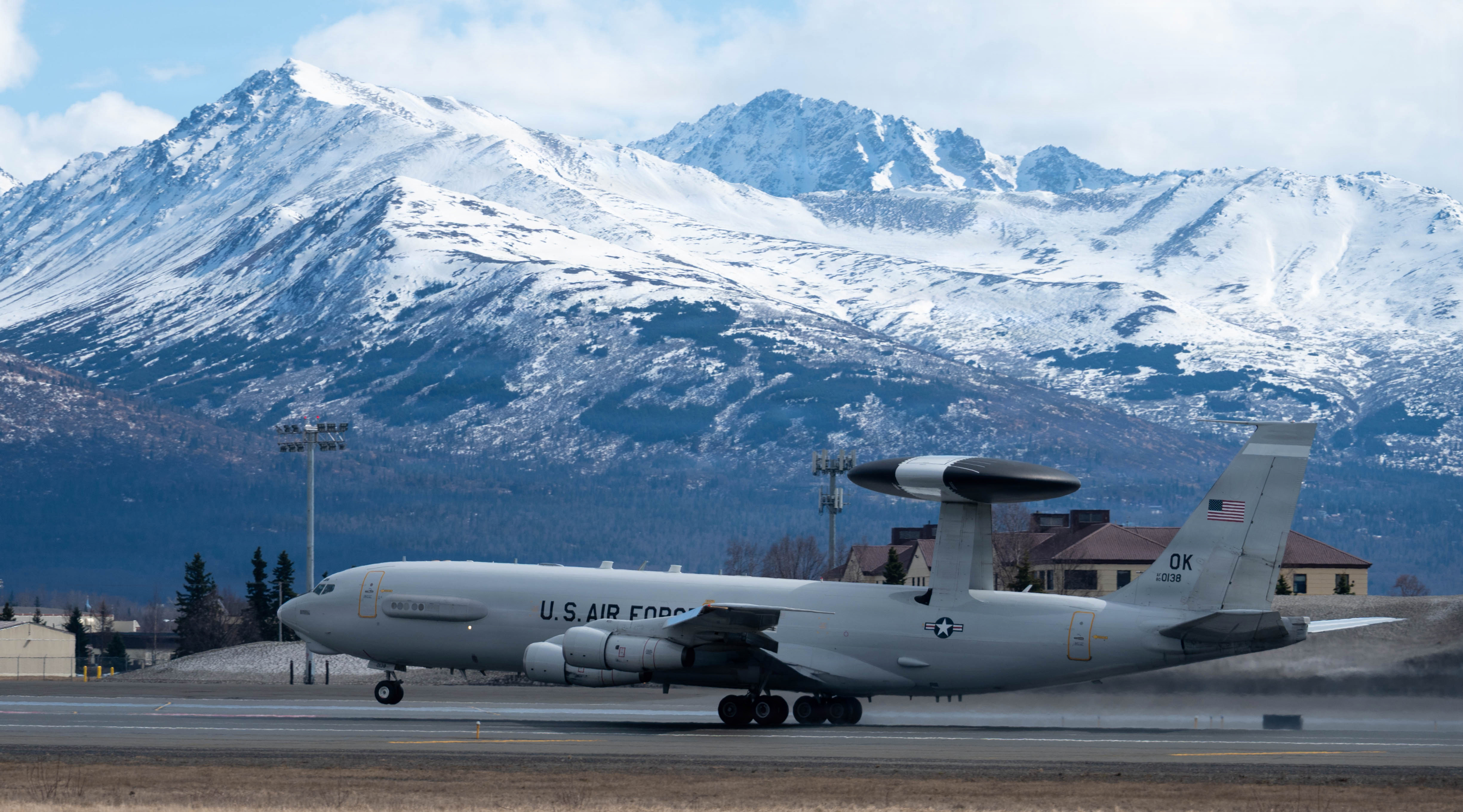 A U.S. Air Force E-3 Sentry starts takeoff for a flight during exercise Red Flag Alaska 26-1 at Joint Base Elmendorf-Richardson, Alaska, April 29, 2026. The E-3 provides advanced information-collection capabilities, which enable the U.S. and allies to make combat-credible decisions in the Indo-Pacific to deter aggression and provide insights in homeland-defense missions. (U.S. Air Force photo by Tech. Sgt. Joseph Miller)