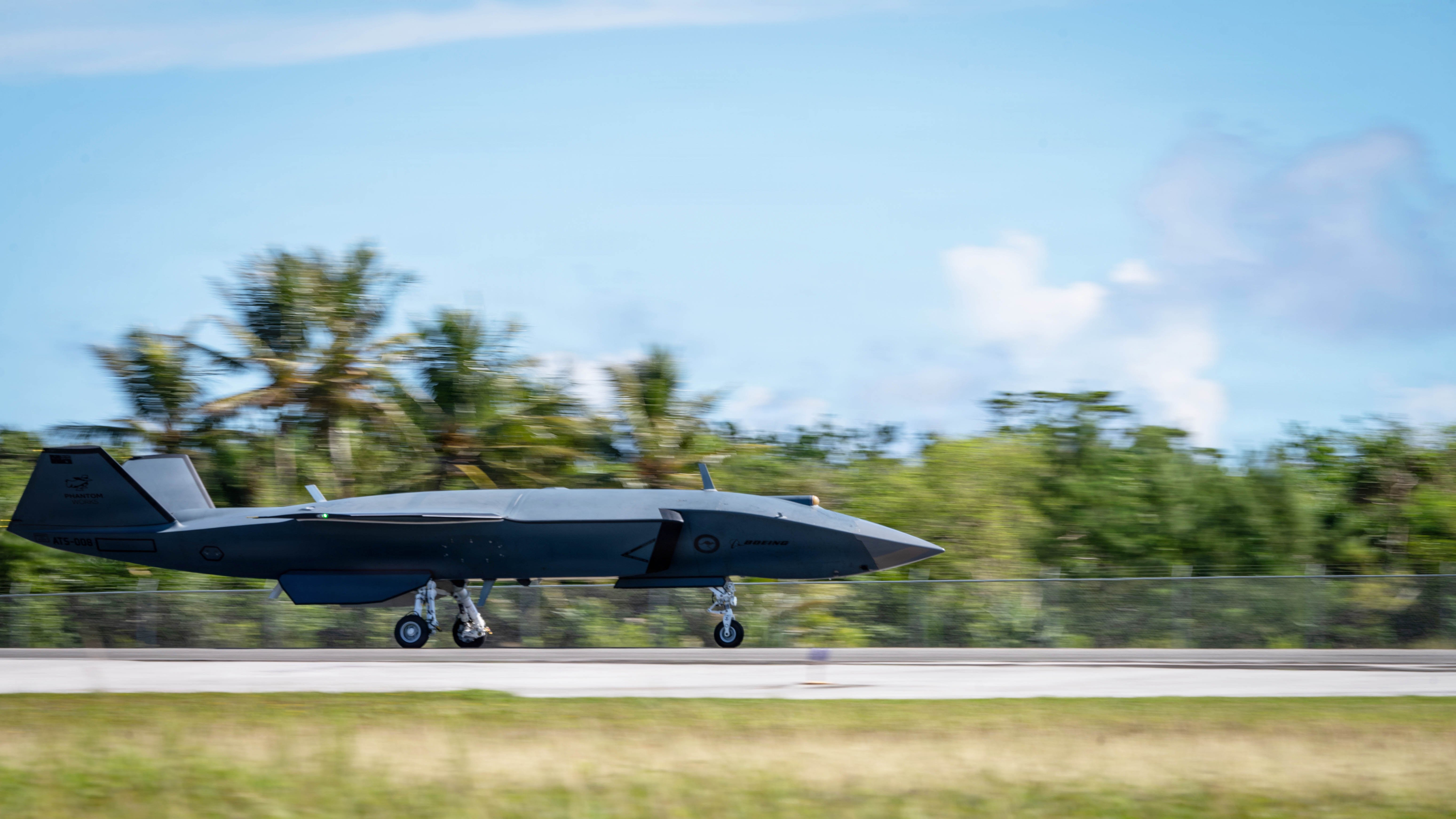 A Boeing Defence Australia’s MQ-28 Ghost Bat, a production representative test aircraft, conducts a taxi test during Exercise Valiant Shield 2026 at Rota, Commonwealth of the Northern Mariana Islands, June 21, 2026. Collaborative Combat Aircraft are semi-autonomous aircraft that operate under the oversight of human operators. (U.S. Air Force Senior Airman Adrien Tran)