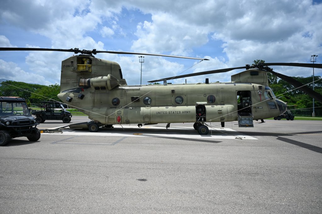 A 1st Battalion 228th Aviation Regiment CH-47 Chinook is prepped for potential support for Venezuela's disaster relief response at Soto Cano Air Base, Honduras, June 25, 2026. At the direction of U.S. Southern Command, assigned U.S. military forces are supporting Department of State-led U.S. disaster assistance to the people of Venezuela in the aftermath of the June 24, 2026, earthquakes. (U.S. Air Force photo by Staff Sgt. Ethan Sherwood)