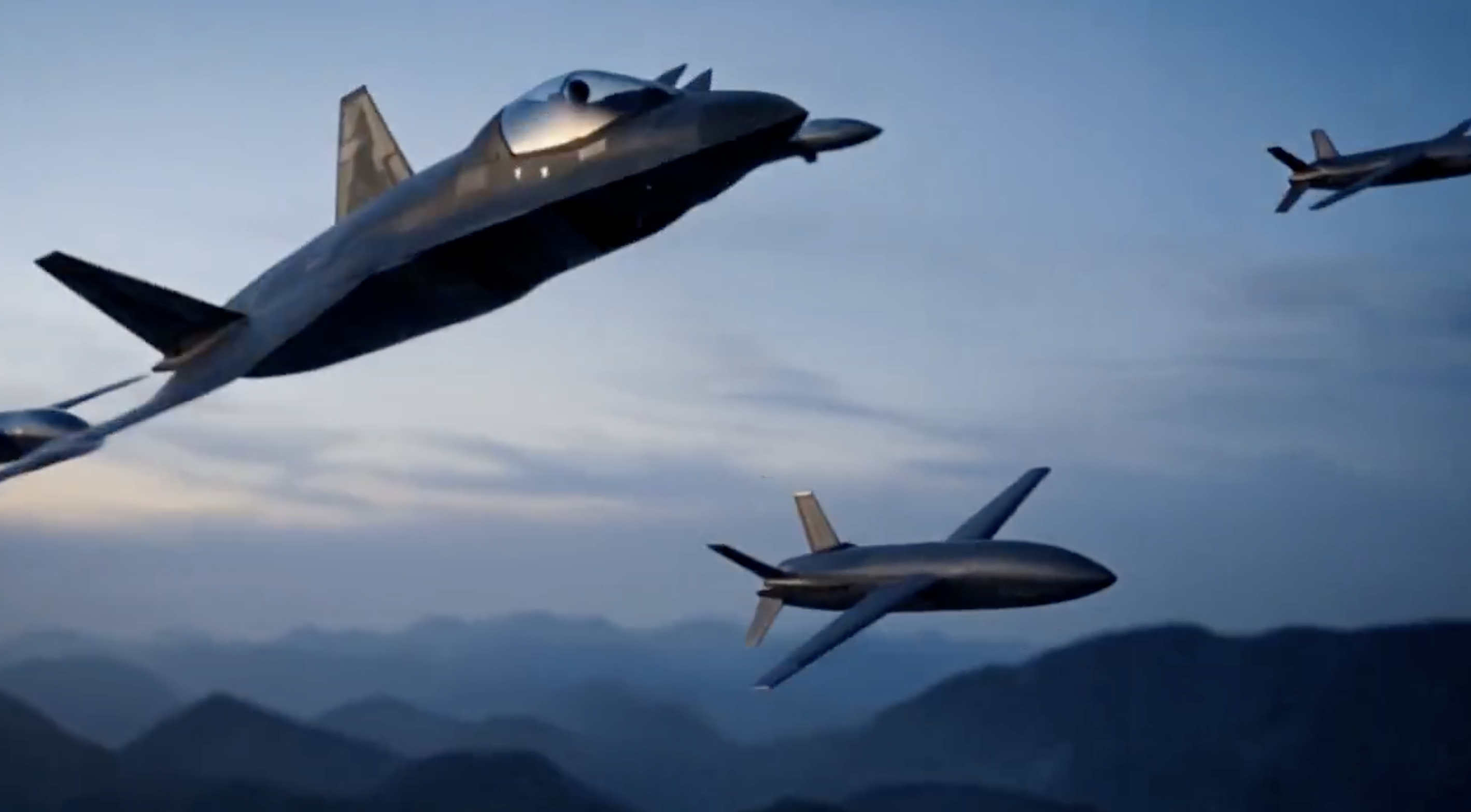 A screencap from an Airbus video showing a notional future fighter working with remote-carrier-type drones. Airbus screencap