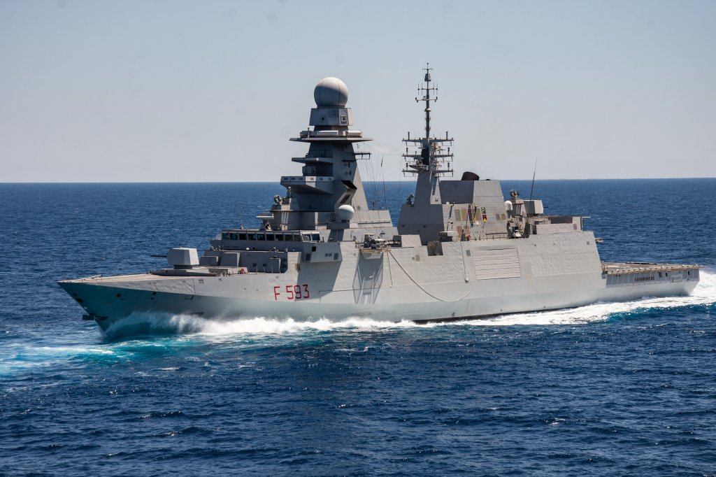 May 02, 2019 - Mediterranean Sea - Italian FREMM Carabiniere in mediterranean sea engaged in the exercise Mare Aperto 2019-1, an Italian multilateral maritime warfare exercise designed to promote interoperability and proficiency, in 2019 joined by 40 ships and 5 submarines from the navies of Canada, France, England, the Netherlands, Portugal, Spain and the United States (Photo by Francesco Militello Mirto/NurPhoto via Getty Images)