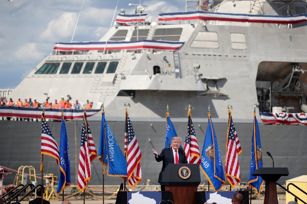 MARINETTE, WISCONSIN - JUNE 25: US President Donald Trump speaks to workers during a visit to the Fincantieri Marinette Marine shipyard on June 25, 2020 in Marinette, Wisconsin. The company was recently awarded a $5.5 billion contract to build ships for the U.S. Navy. (Photo by Scott Olson/Getty Images)