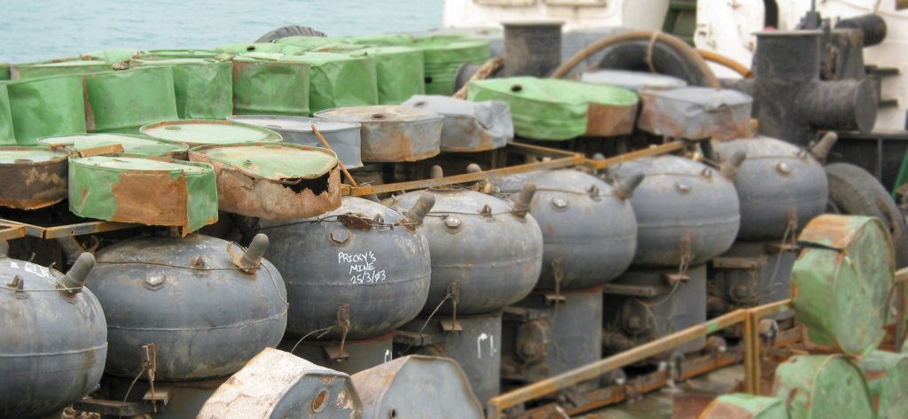ARABIAN GULF - MARCH 26: In this U.S. Navy handout mines are seen which were found on four Iraqi vessels that were intercepted in the Khor Abd Allah waterway by U.S.-led coalition forces March 26, 2003 in the Arabian Gulf. Nearly 100 mines were transported for further analysis and destruction to Camp Patriot, Kuwait. (Photo by Joseph Krypel/U.S. Navy/Getty Images)