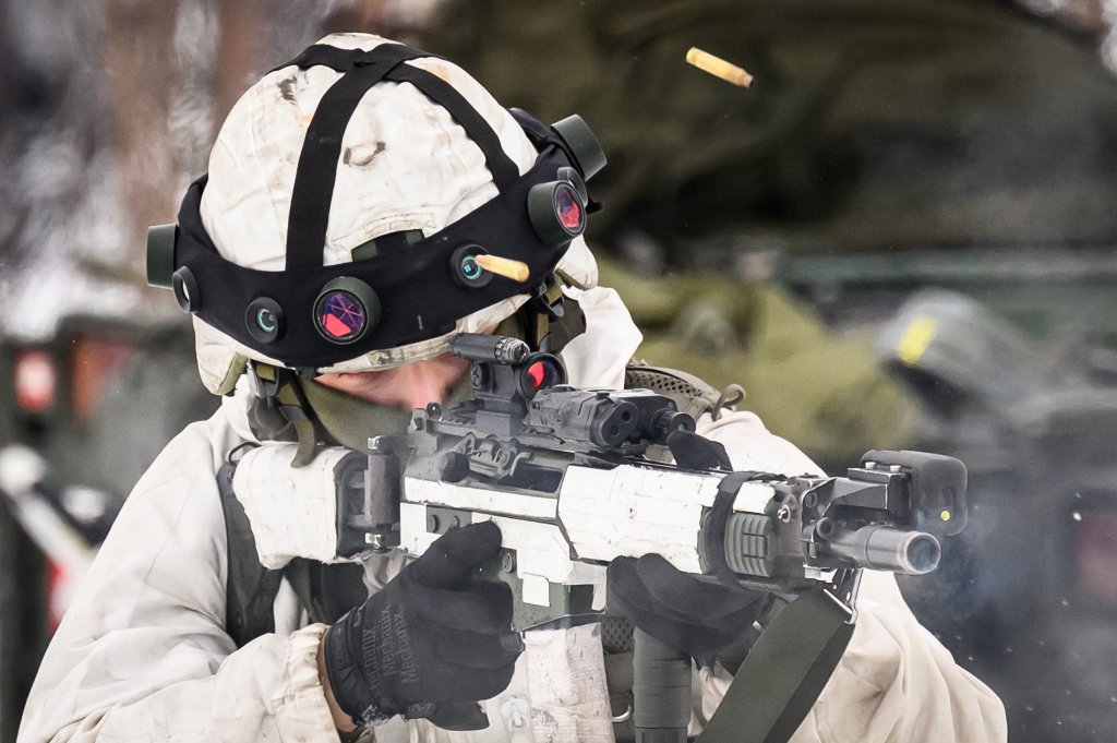 KIVILOMPOLO, FINLAND - MARCH 09: A Swedish soldier takes part in an exchange of fire with "enemy troops" using blank rounds during a training exercise, visible to the media, on the Finland/Norway border during the Nordic Response military exercise on March 09, 2024 in Kivilompolo, Finland. The exercise, which primarily takes place across Scandinavia from March 3-14, features 20,000 troops from 13 allied countries. Following the recent NATO expansion, the group now includes Finland and Sweden. (Photo by Leon Neal/Getty Images)