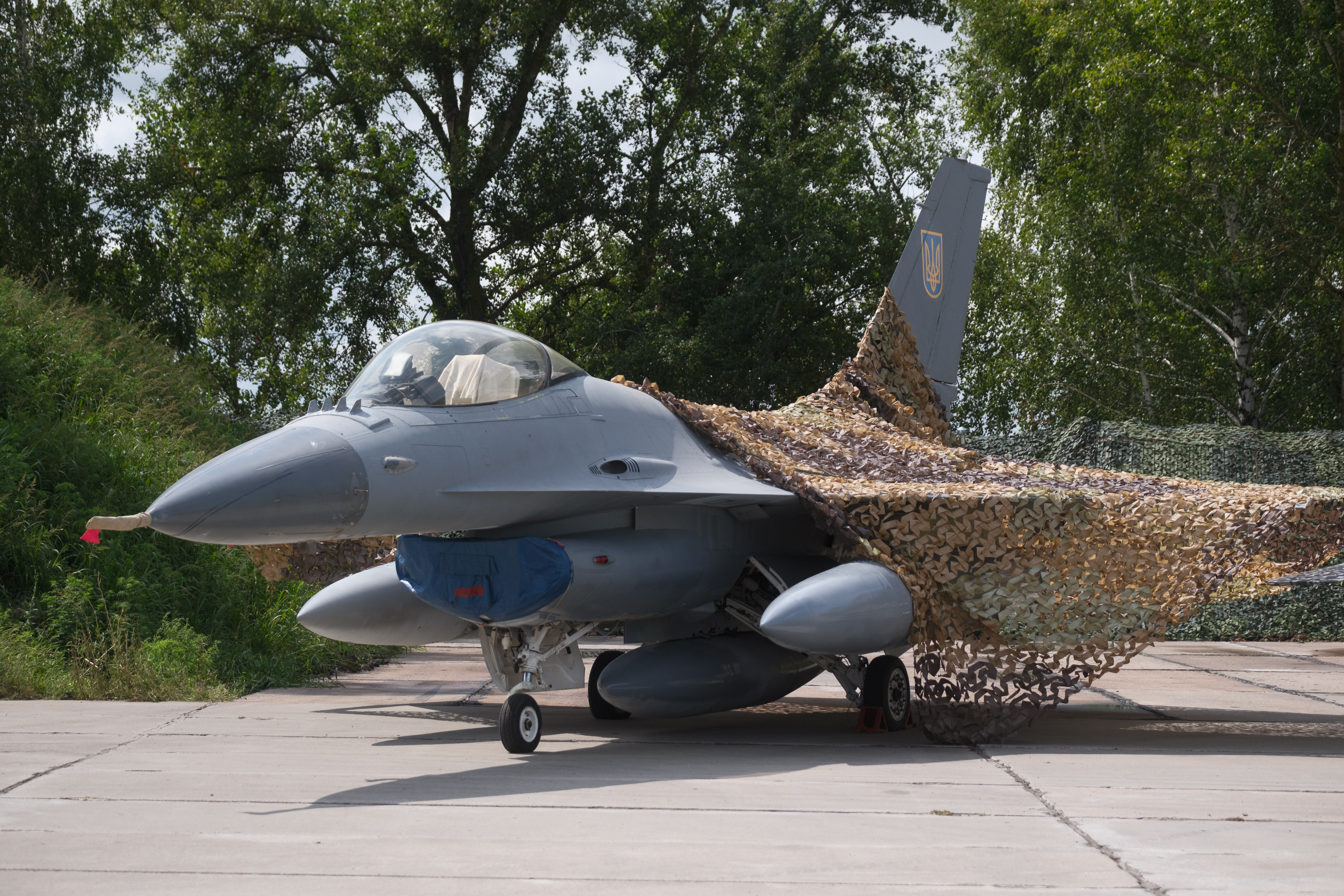UNSPECIFIED, UKRAINE - AUGUST 4: The first General Dynamics F-16 Fighting Falcon received by Ukraine is seen on the Day of Ukrainian Air Force on August 4, 2024 in Unspecified, Ukraine. At the event for the Day of Ukrainian Air Force with the participation of President of Ukraine Volodymyr Zelenskyi, the first General Dynamics F-16 Fighting Falcons received by Ukraine were demonstrated. (Photo by Vitalii Nosach/Global Images Ukraine via Getty Images)