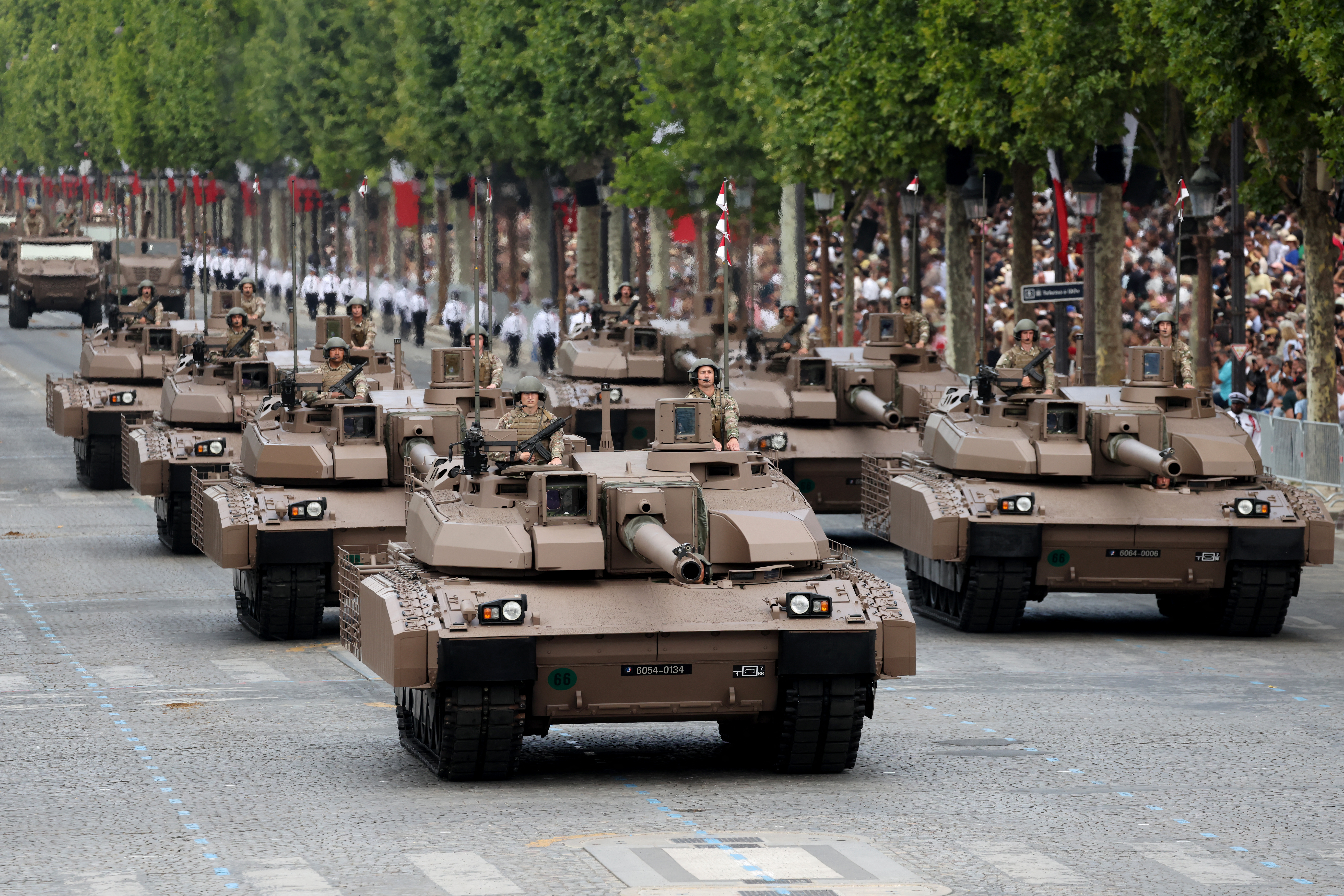 French Army Chars Leclerc XLR tanks are navigated to parade during the annual Bastille Day military parade on the Champs-Elysees Avenue in Paris on July 14, 2025. (Photo by Ludovic MARIN / AFP) (Photo by LUDOVIC MARIN/AFP via Getty Images)