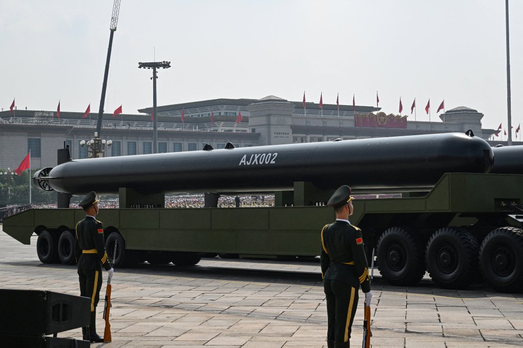 An AJX002 unmanned underwater vehicles is seen during a military parade marking the 80th anniversary of victory over Japan and the end of World War II, in Beijing's Tiananmen Square on September 3, 2025. (Photo by Greg Baker / AFP) (Photo by GREG BAKER/AFP via Getty Images)