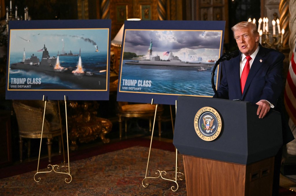US President Donald Trump announces the US Navy's new Golden Fleet initiative, unveiling a new class of warships, at Mar-a-Lago in Palm Beach, Florida, on December 22, 2025. President Donald Trump on December 22 announced a new class of heavily armed warships that will be named after himself -- an honor usually reserved for US leaders who have left office. Two of the Trump-class ships will be built initially but that number could grow substantially in the future, according to the president, who said they will be "some of the most lethal surface warfare ships" and "the largest battleship in the history of our country." Trump made the announcement at his Mar-a-Lago residence in Florida alongside Pentagon chief Pete Hegseth, Secretary of State Marco Rubio and Navy Secretary John Phelan, with images of the planned high-tech vessels on stands nearby. (Photo by ANDREW CABALLERO-REYNOLDS / AFP via Getty Images)