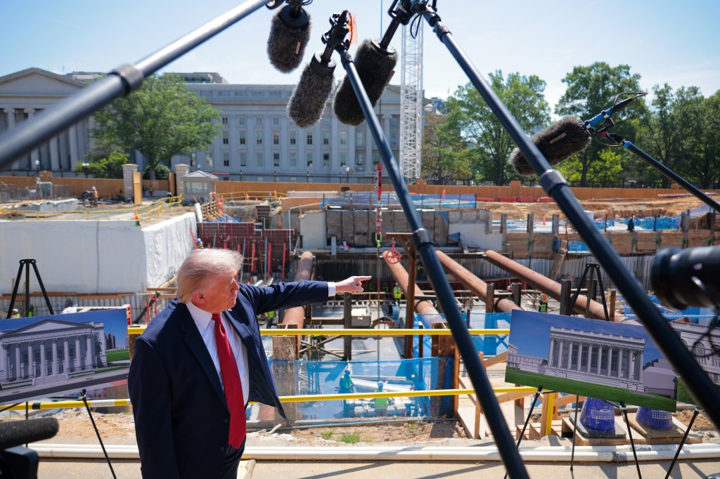 WASHINGTON, DC - MAY 19: U.S. President Donald Trump speaks to the media alongside posters of his proposed White House ballroom amid construction at the White House on May 19, 2026 in Washington, DC. The Senate parliamentarianruled this week that taxpayer funds in the budget reconciliation package cannot be used fora $1 billion provision intended to fund security for Trump’sWhite House ballroom. (Photo by Chip Somodevilla/Getty Images)