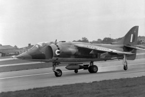 A mock bombing raid by Royal Air Force Harrier jets, the new vertical take-off close support aircraft at the Farnborough Air Display. (Photo by PA Images via Getty Images)