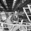 Aerospace Minister Michael Heseltine visits Hawker Siddeley Aviation, where he tries out a mock-up of the HS 1182 fighter jet cockpit. Executive Director and Chief Engineer Ralph Hooper is talking him through the features. (Photo by PA Images via Getty Images)