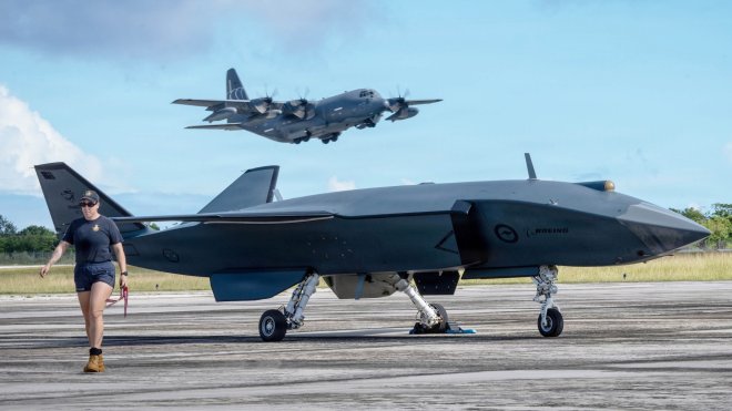 U.S. Air Force HC-130J Combat King II assigned to the 79th Rescue Squadron takes off behind a Boeing Defence Australia’s MQ-28 Ghost Bat, a production representative test aircraft, during Exercise Valiant Shield 2026 at Rota, Commonwealth of the Northern Mariana Islands, June 21, 2026. U.S. forces are integrating Collaborative Combat Aircraft into Exercise VS26 to advance human-machine teaming.