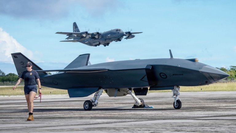 U.S. Air Force HC-130J Combat King II assigned to the 79th Rescue Squadron takes off behind a Boeing Defence Australia’s MQ-28 Ghost Bat, a production representative test aircraft, during Exercise Valiant Shield 2026 at Rota, Commonwealth of the Northern Mariana Islands, June 21, 2026. U.S. forces are integrating Collaborative Combat Aircraft into Exercise VS26 to advance human-machine teaming.