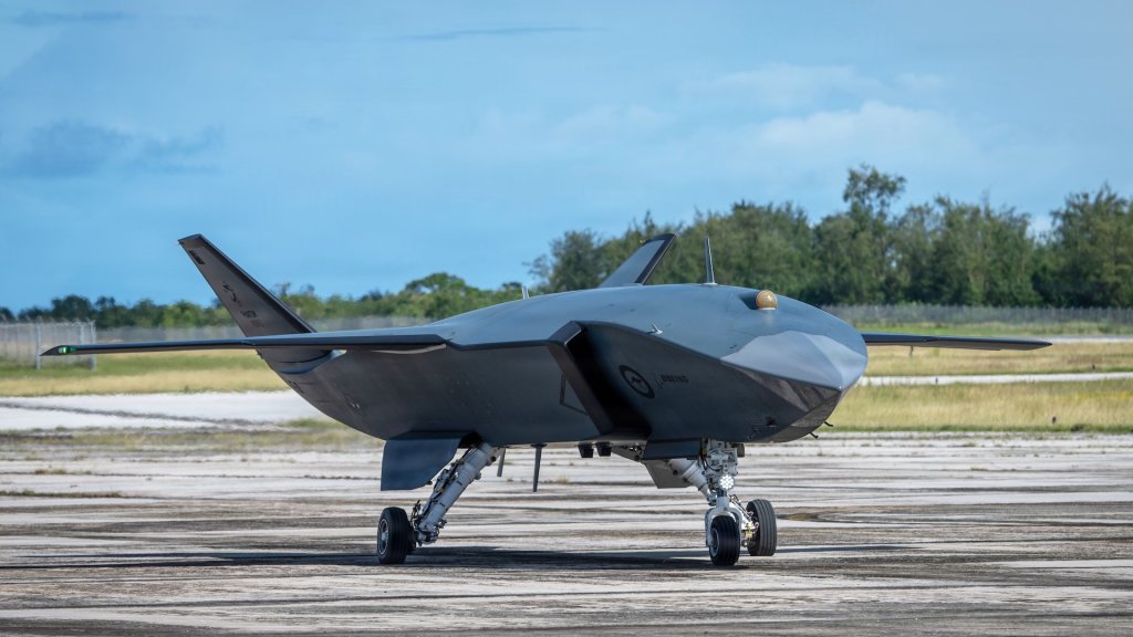 A Boeing Defence Australia’s MQ-28 Ghost Bat, a production representative test aircraft, prepares to conduct a taxi test during Exercise Valiant Shield 2026 at Rota, Commonwealth of the Northern Mariana Islands, June 21, 2026. The Department of the Air Force and its partners will analyze the aircraft’s contribution as a force multiplier that extends the reach, awareness and survivability of crewed platforms in contested environments.