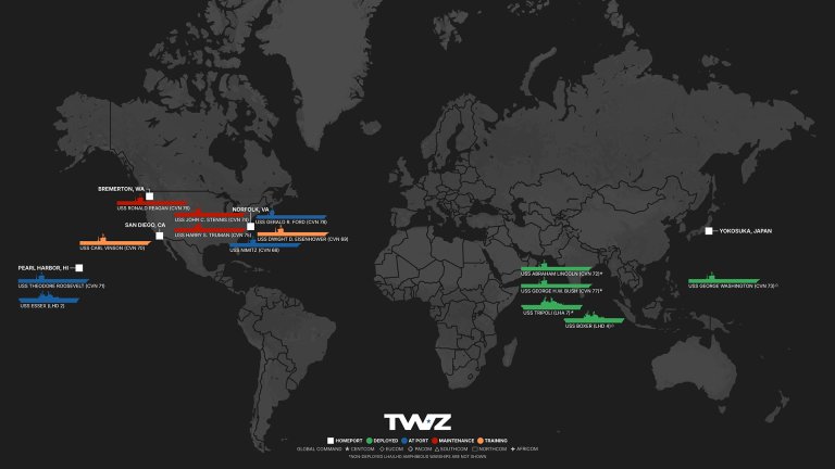 TWZ’s weekly carrier tracker monitoring America’s flattop fleet, including deployed Carrier Strike Groups (CSG) and Amphibious Ready Groups (ARG)
