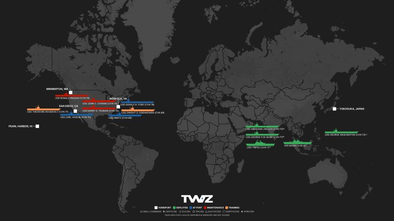 TWZ’s weekly carrier tracker monitoring America’s flattop fleet, including deployed Carrier Strike Groups (CSG) and Amphibious Ready Groups (ARG)